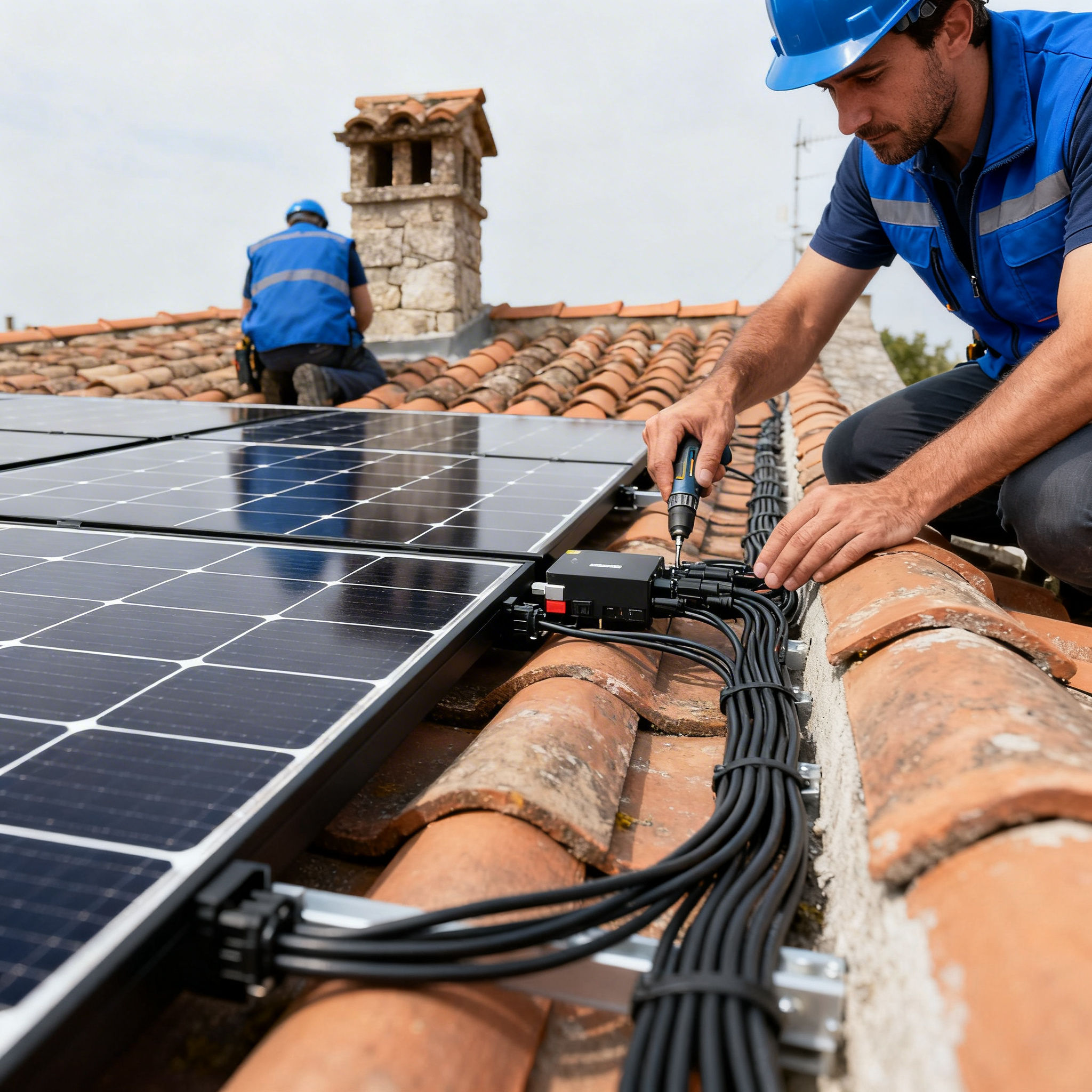 Fotovoltaico con accumulo Romanina Roma - Technician connecting solar panels during installation