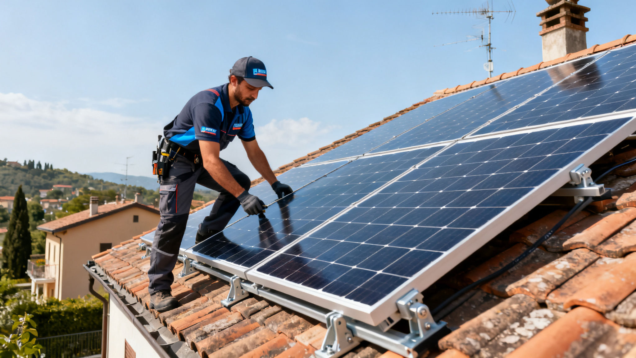 Fotovoltaico con Accumulo Acqua Traversa Roma - Tecnico installa pannelli solari su tetto residenziale italiano
