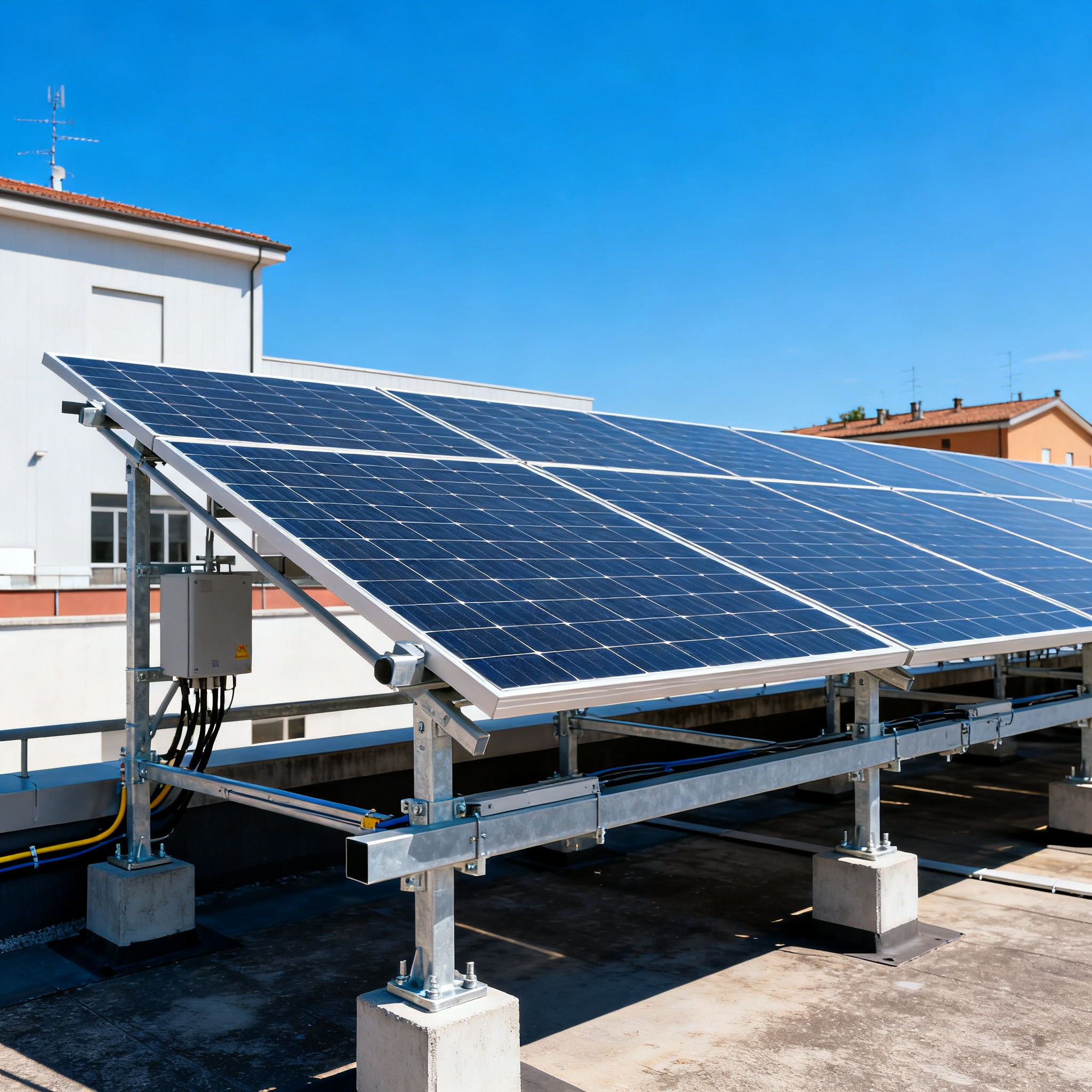 Fotovoltaico con Accumulo Acqua Traversa Roma - Impianto fotovoltaico su edificio commerciale con cielo azzurro