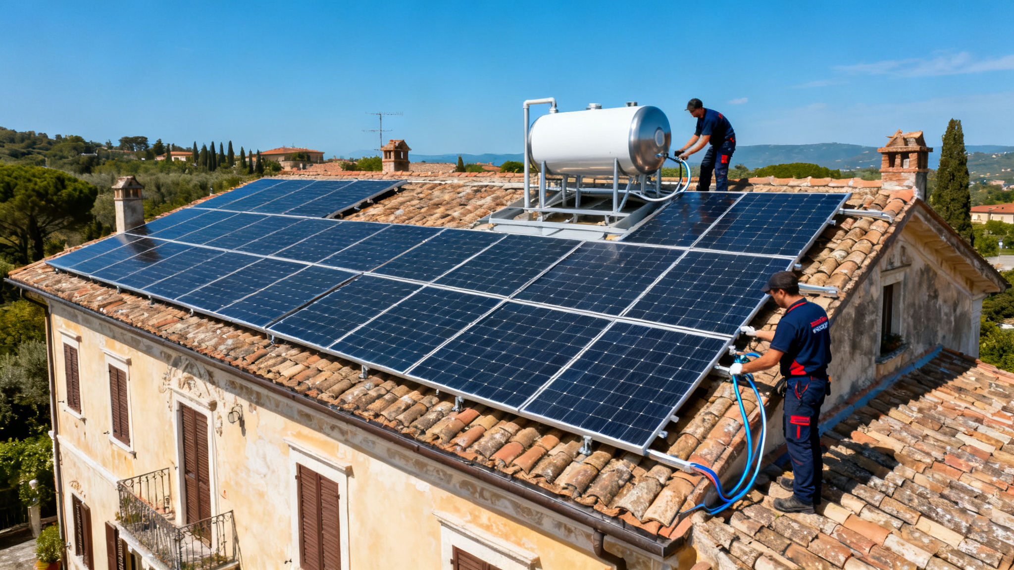 Fotovoltaico con Accumulo Acqua Traversa Roma - Impianto completo su tetto villa italiana con accumulo