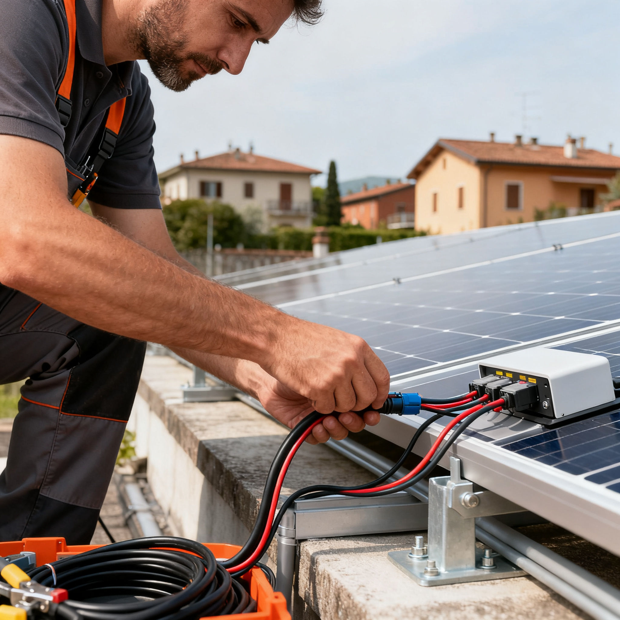 Fotovoltaico con Accumulo Pantano Borghese Roma - technician wiring panels in Italian residential setting