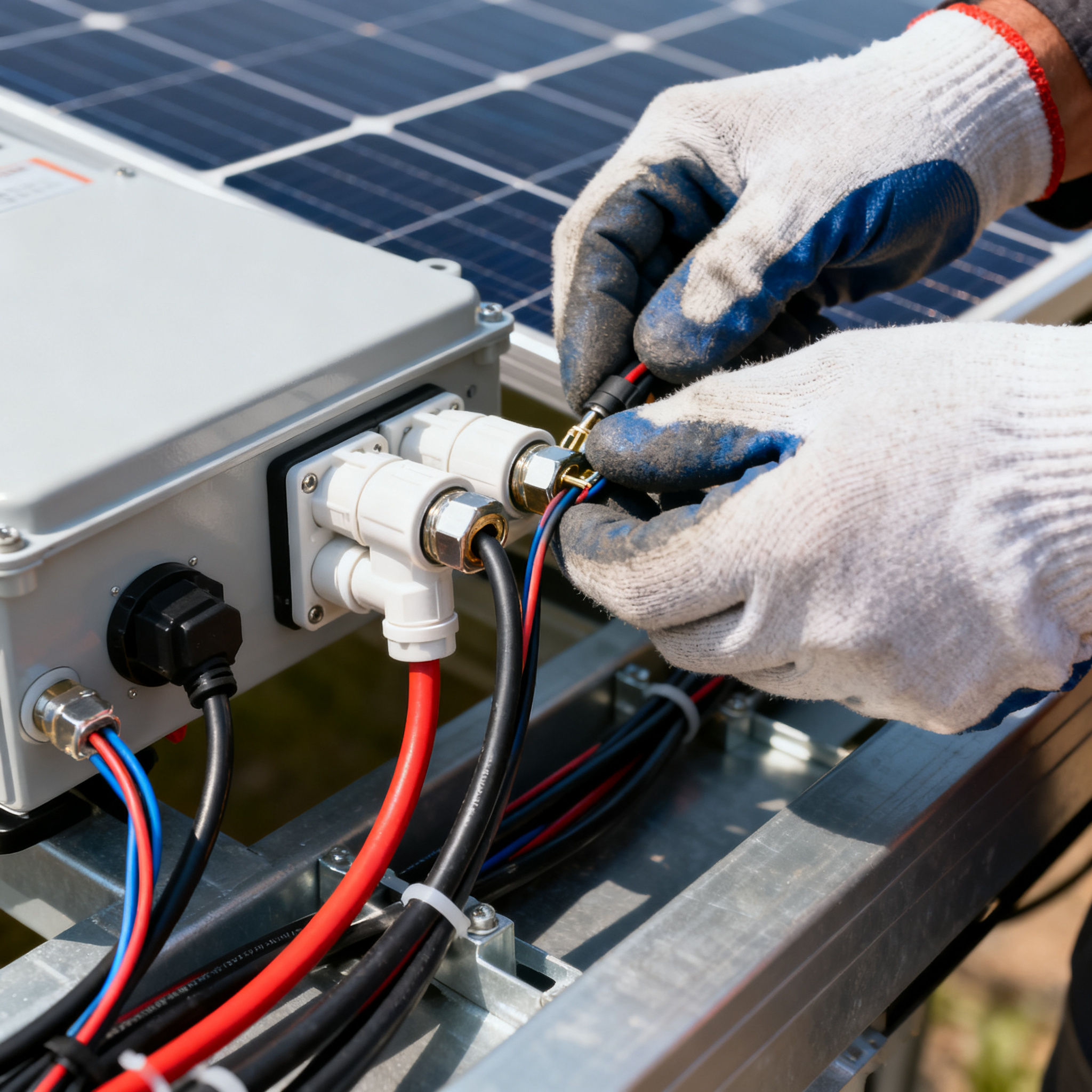 Fotovoltaico con Accumulo Pantano Borghese Roma - close-up of gloved hands wiring solar panels