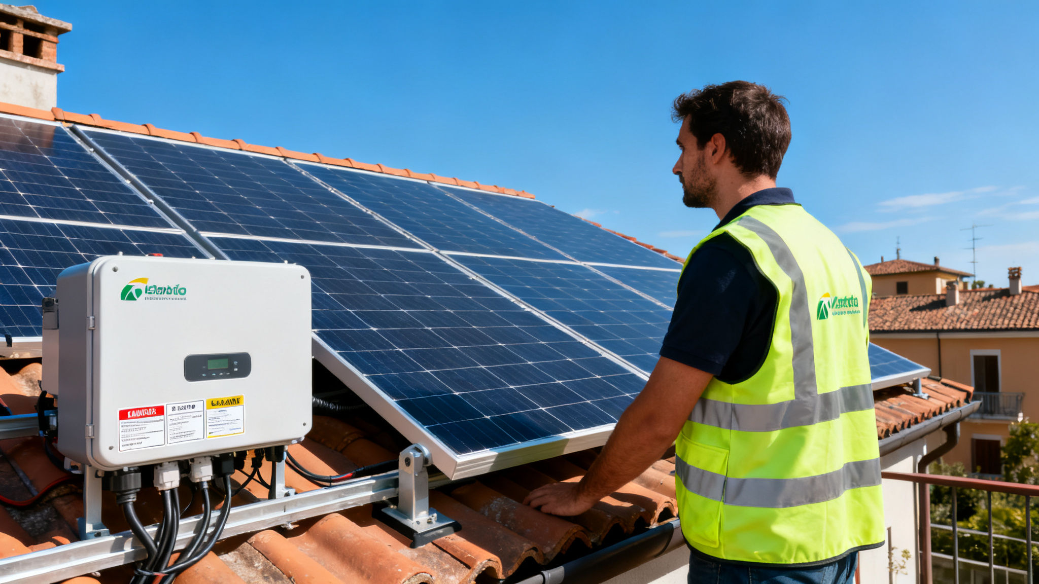 Pannelli Solari Lanuvio - tecnico esaminando impianti fotovoltaici installati su tetto residenziale italiano