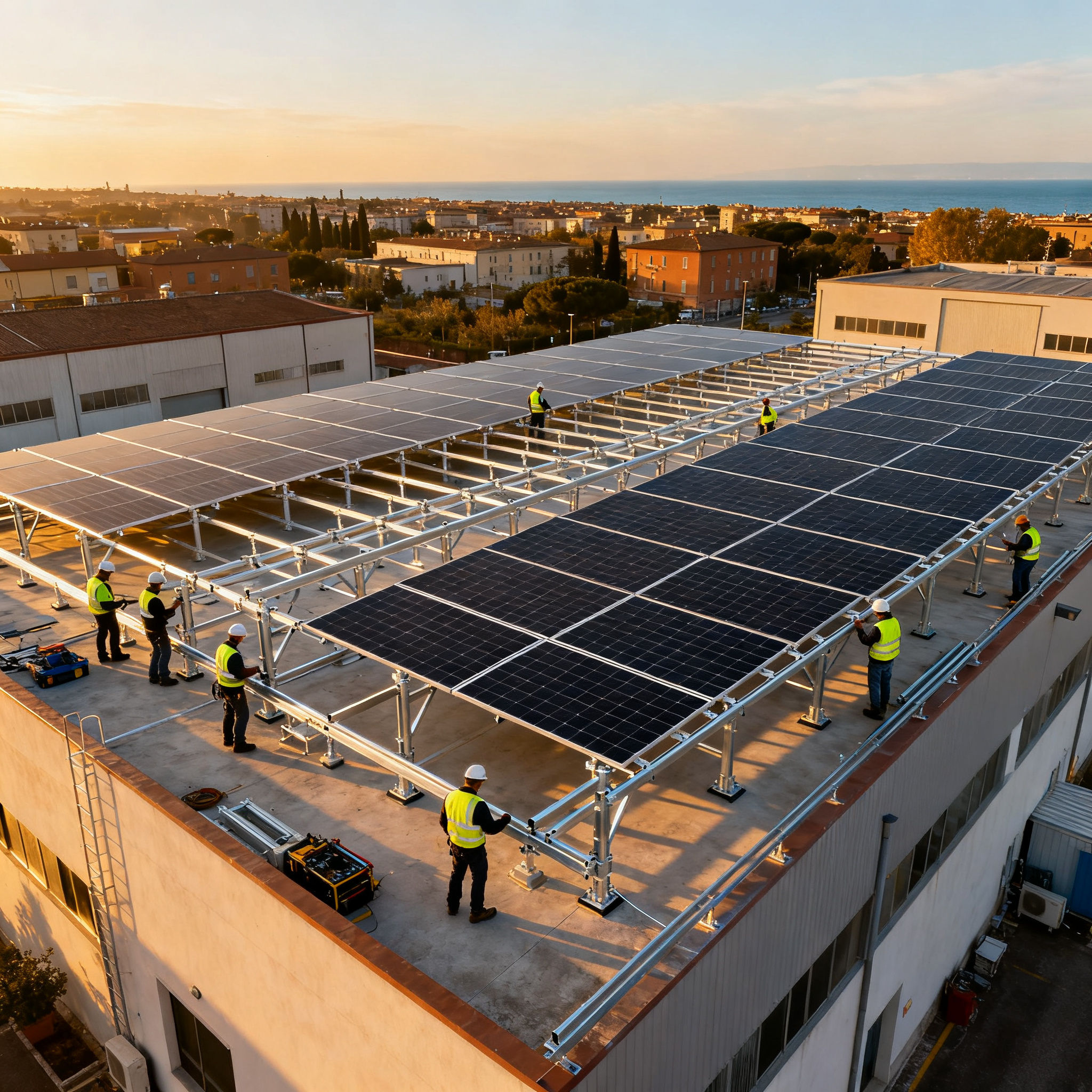 Pannelli Solari Lanuvio - vista aerea di impianto fotovoltaico su tetto commerciale italiano