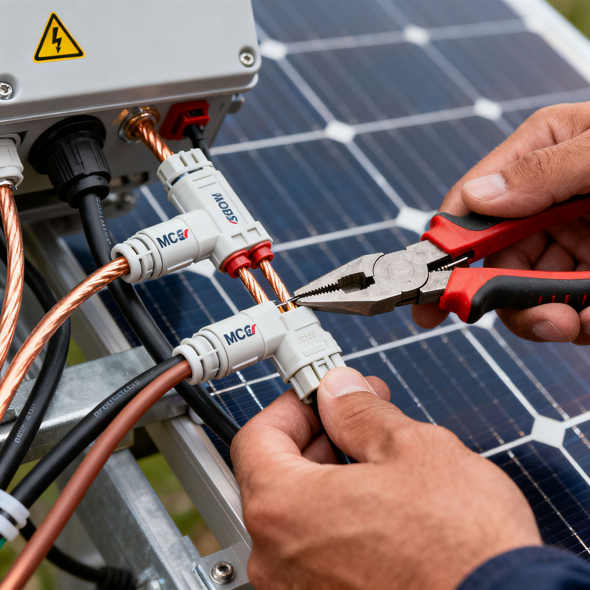 Pannelli Solari Lanuvio - dettaglio tecnico di connessioni cavi fotovoltaici con attrezzi professionali