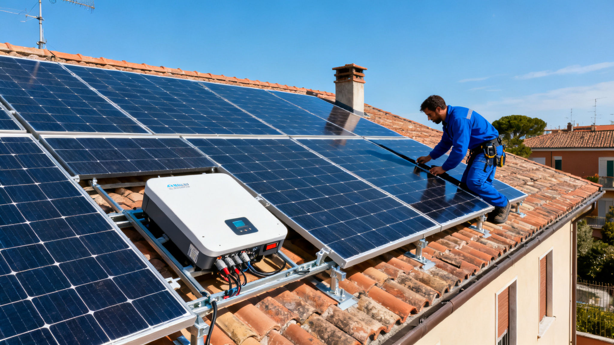 Fotovoltaico con Accumulo Acilia Nord Roma - Technician installing rooftop PV system with storage inverter.