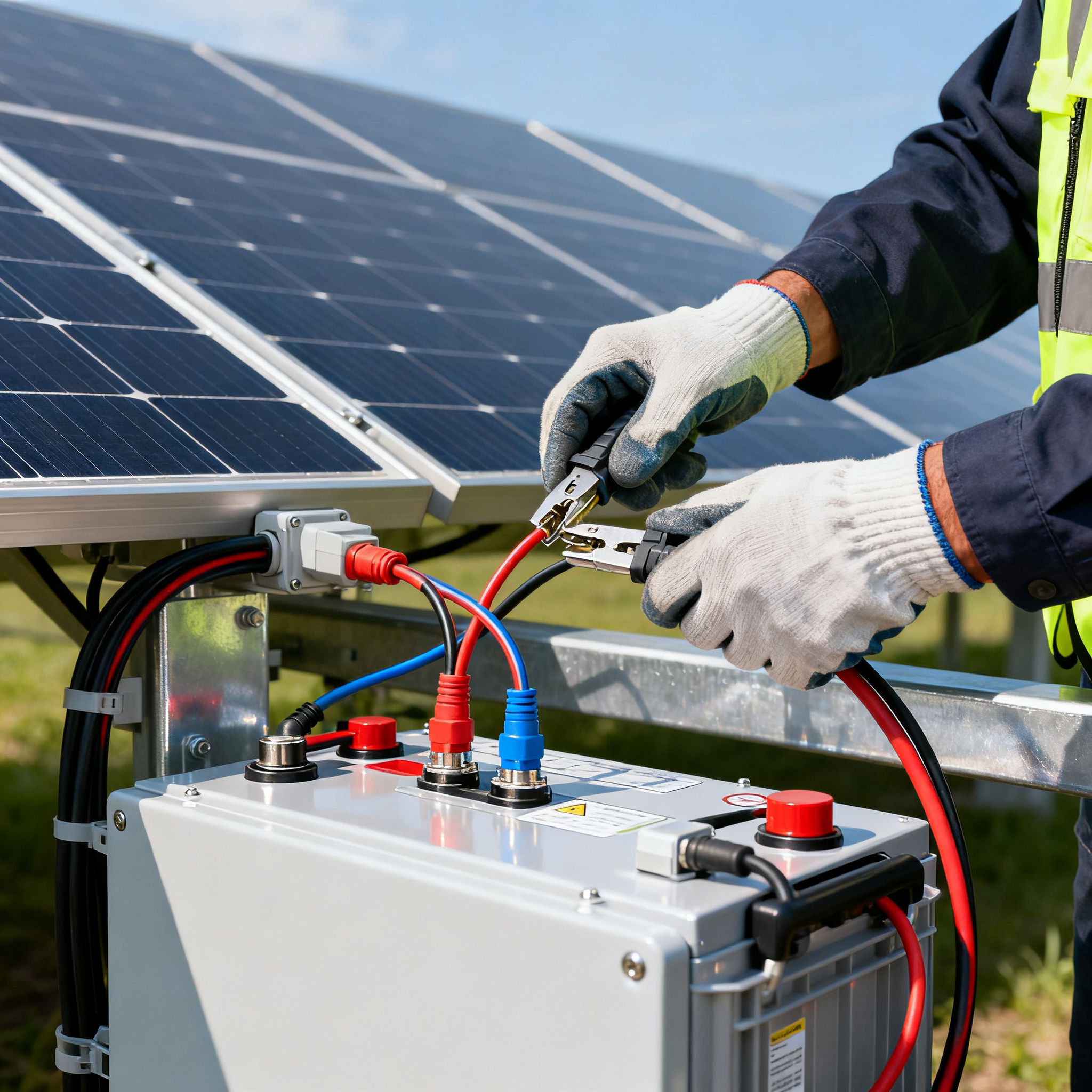 Fotovoltaico con Accumulo Acilia Nord Roma - Hands connecting PV to battery storage.