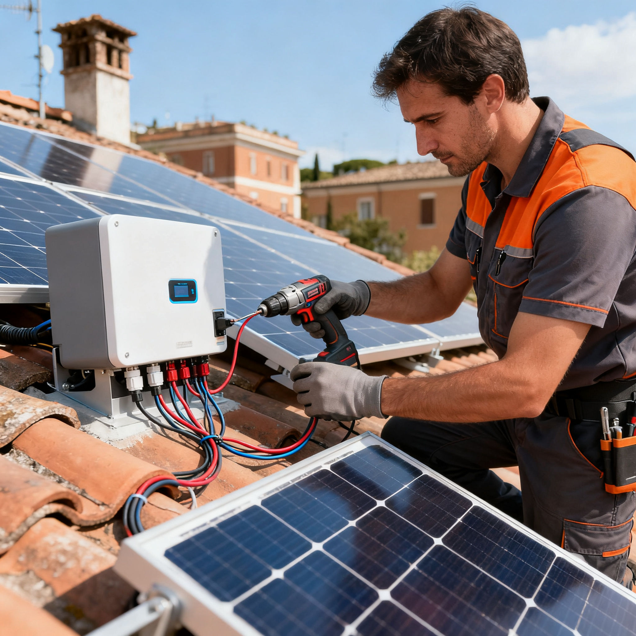 Fotovoltaico con Accumulo Appio Claudio Roma - tecnico che collega i cavi dei pannelli su tetto residenziale romano