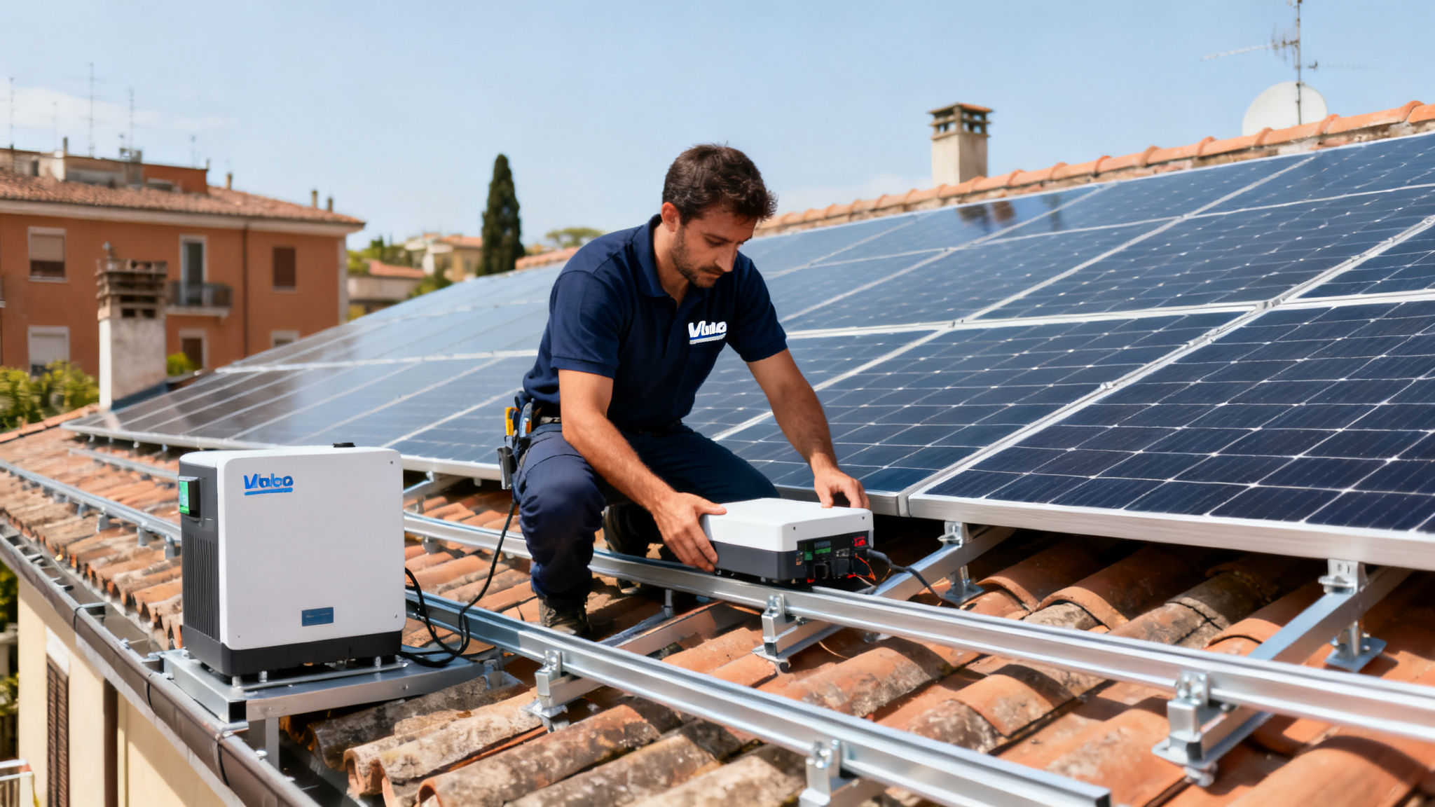 Fotovoltaico con Accumulo Campitelli Roma - Tecnico installa pannelli solari su tetto residenziale