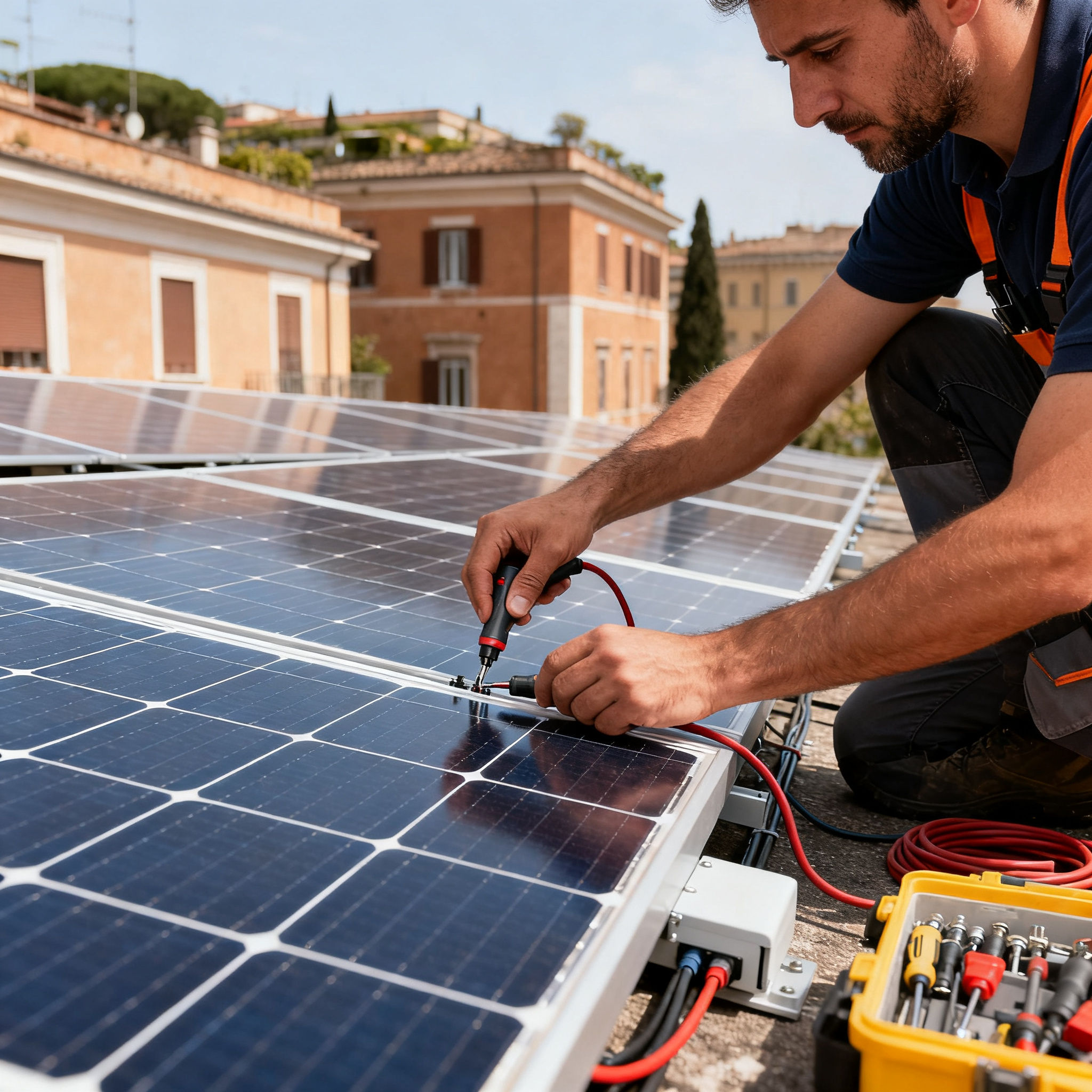 Fotovoltaico con Accumulo Campitelli Roma - Installation process with technician connecting panels