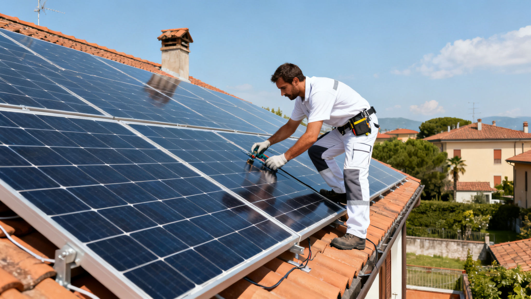 Fotovoltaico con Accumulo Casal Monastero Roma - Technician installing solar panels on residential rooftop