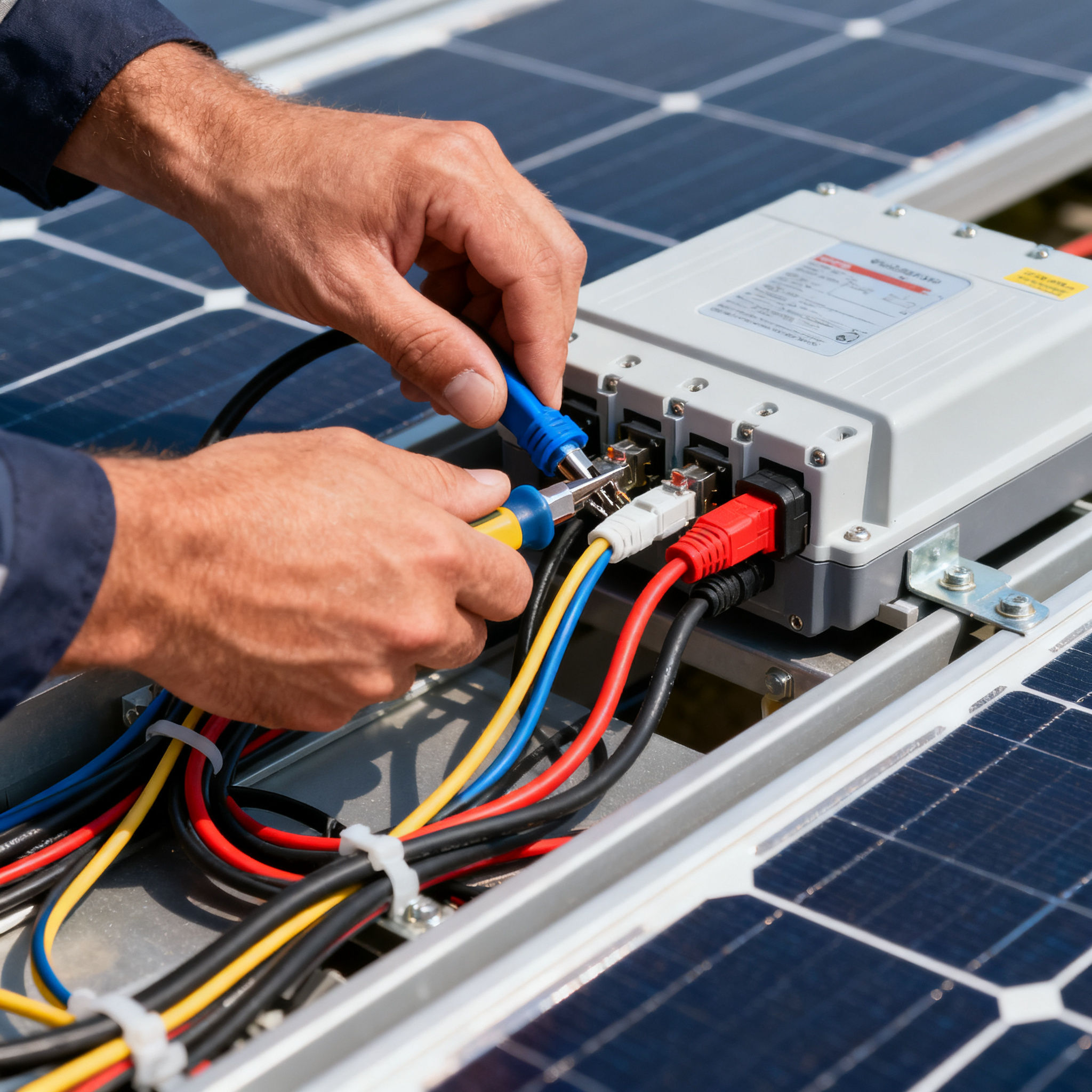 Fotovoltaico con Accumulo Casal Monastero Roma - Close-up of hands wiring solar panel