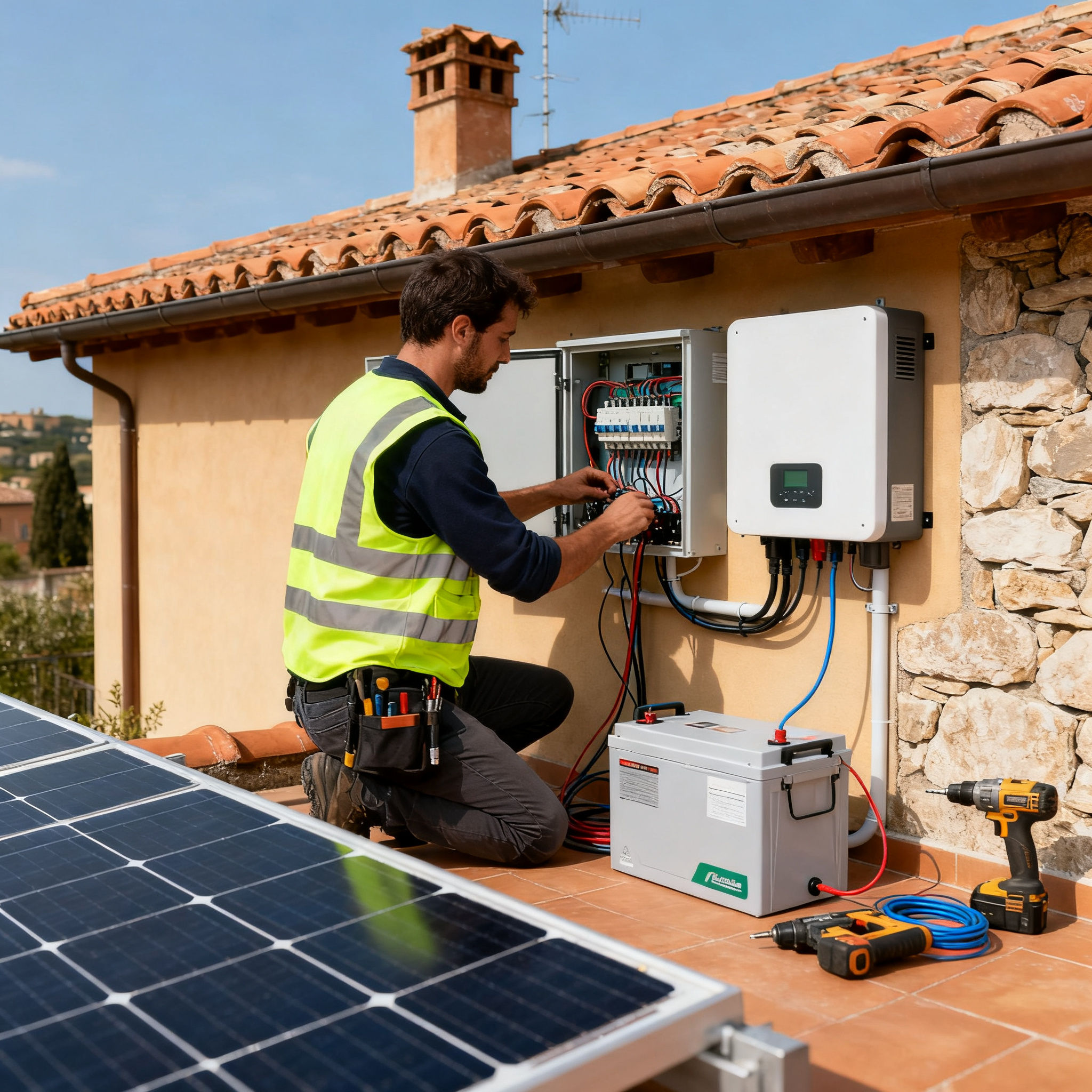 Fotovoltaico con Accumulo Cinque Colline Roma - technician installing solar panels and connecting battery storage system on Italian home