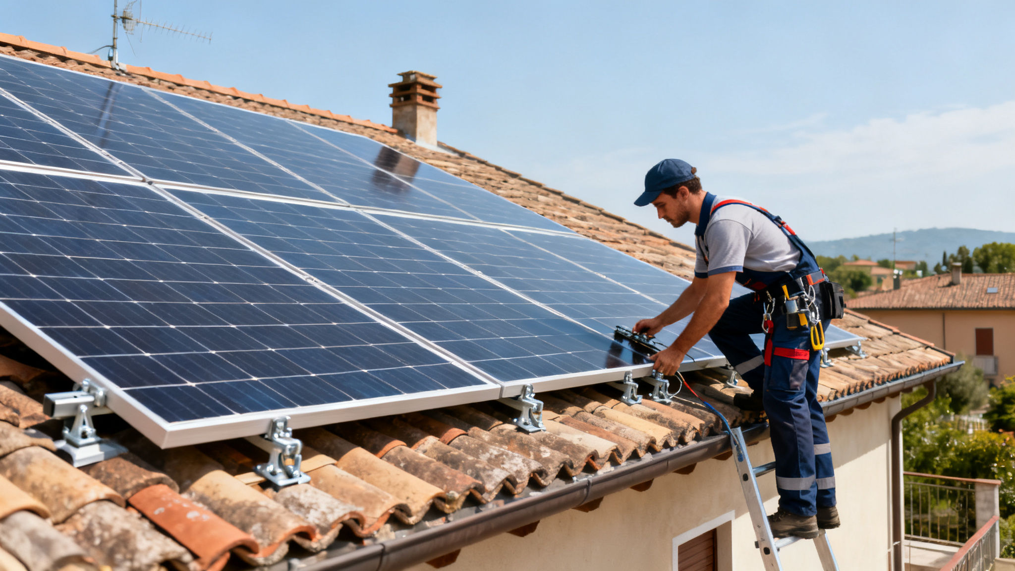 Fotovoltaico con Accumulo Gregorio VII Roma - tecnico installa pannelli su tetto residenziale