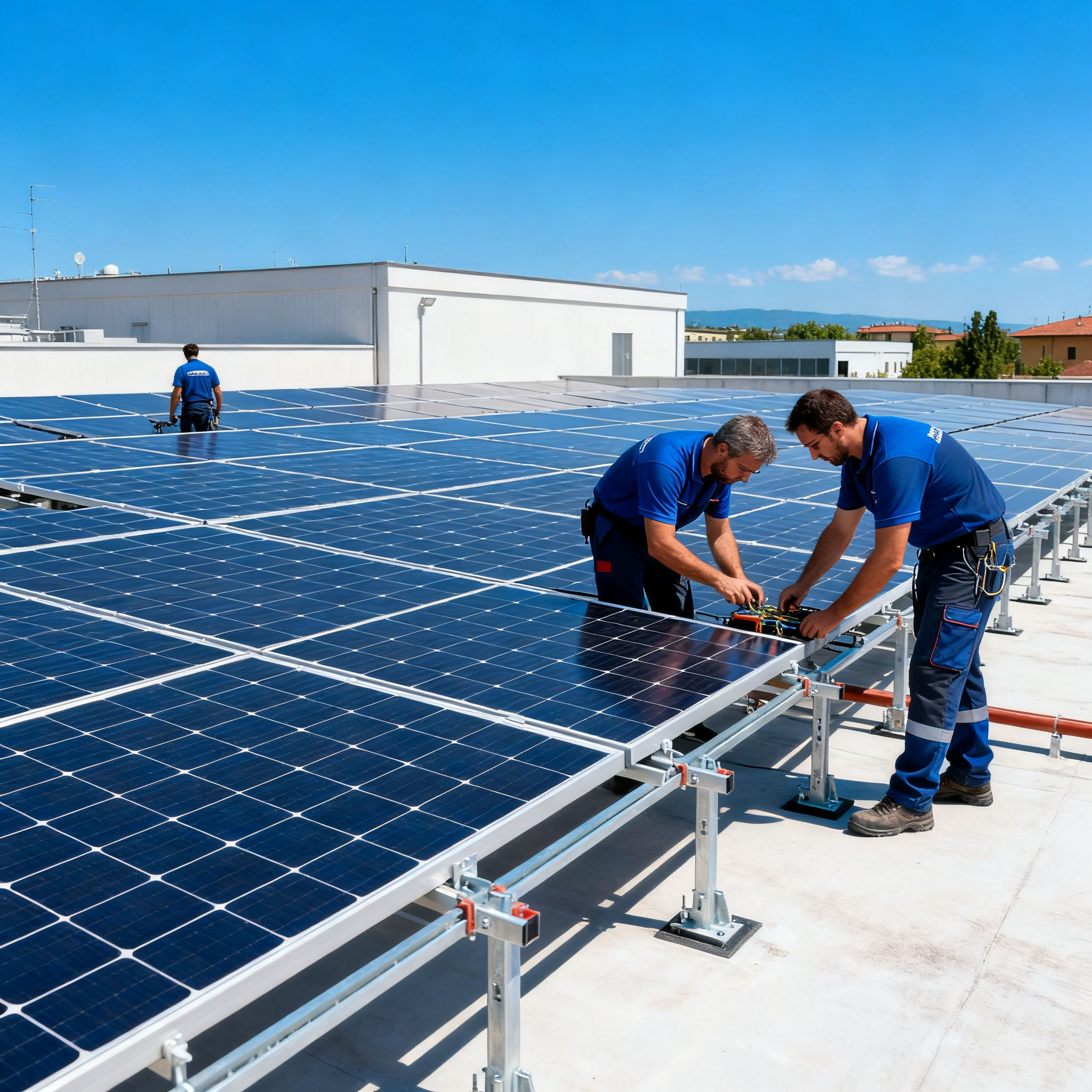 Fotovoltaico con Accumulo Gregorio VII Roma - impianto su edificio commerciale con cielo blu