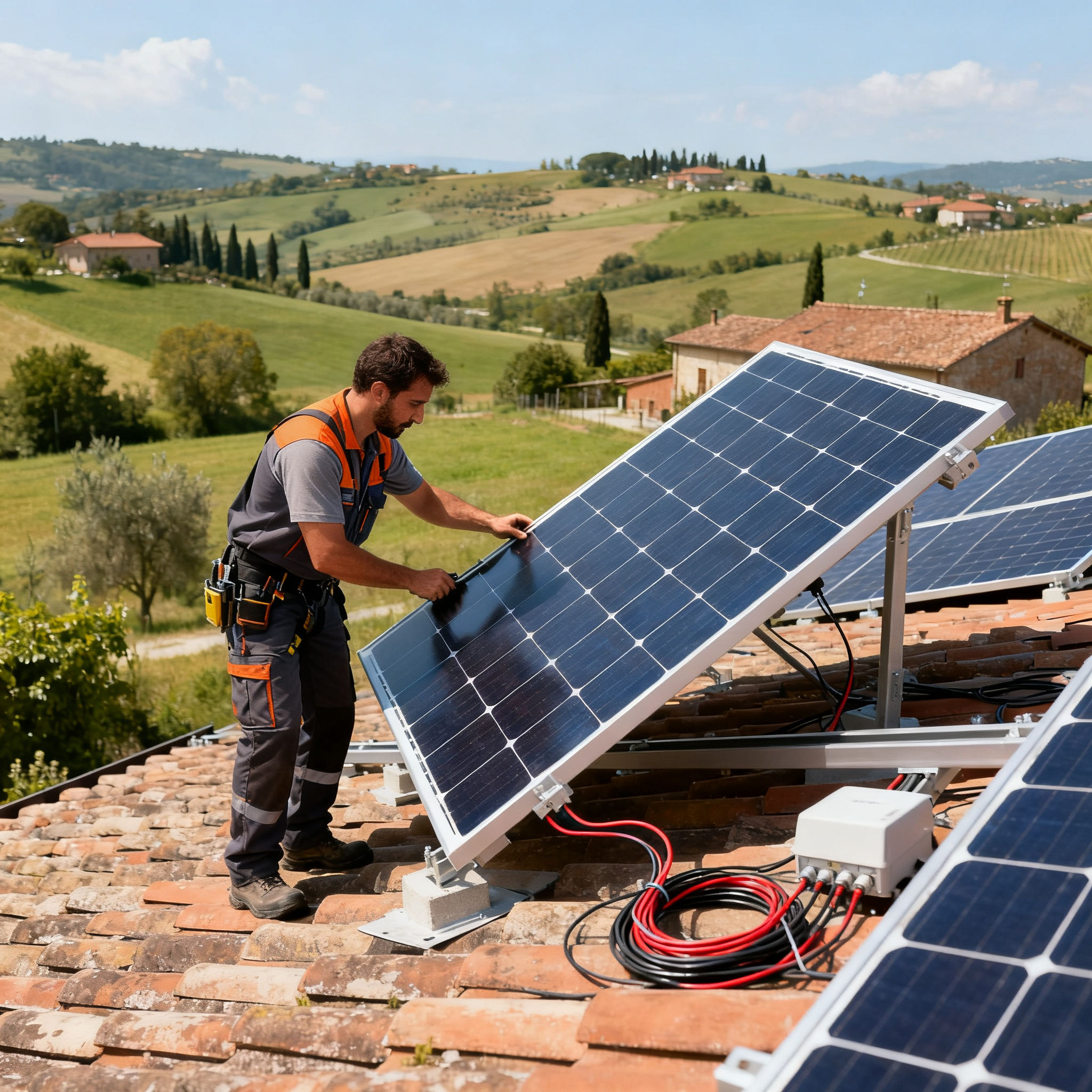 Fotovoltaico con Accumulo Gregorio VII Roma - tecnico regola pannelli su tetto rurale
