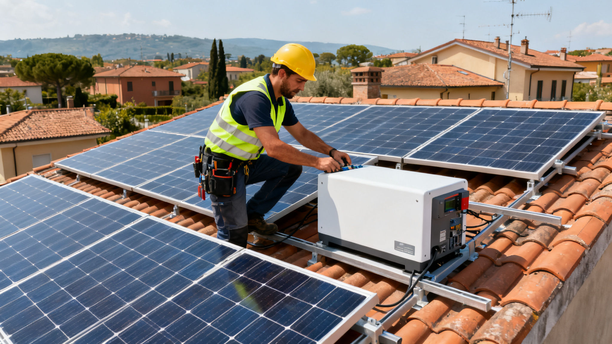 Fotovoltaico con Accumulo Montagnola Roma - Tecnico installa pannelli solari e batteria su tetto residenziale