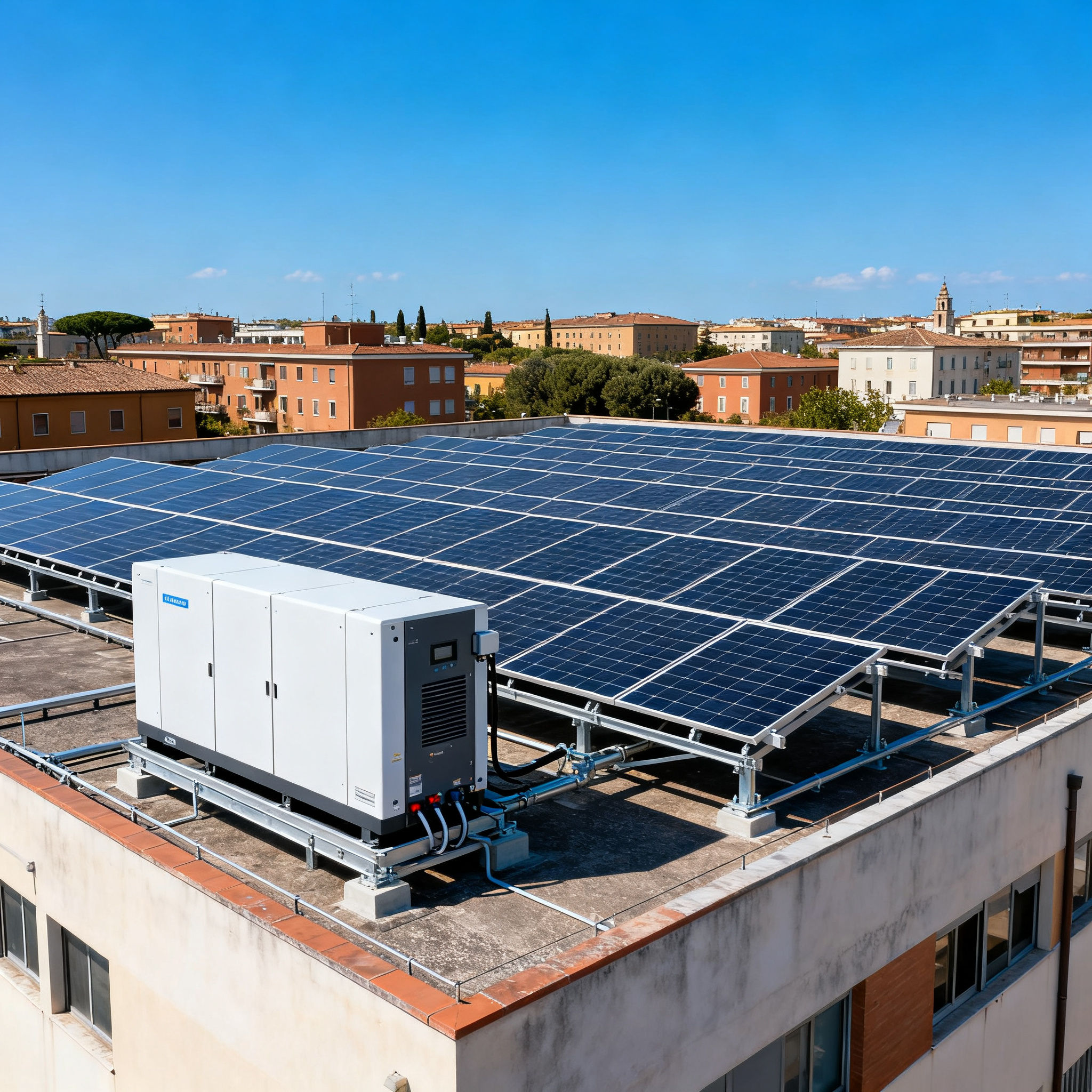 Fotovoltaico con Accumulo Montagnola Roma - Impianto completo su tetto commerciale con batterie