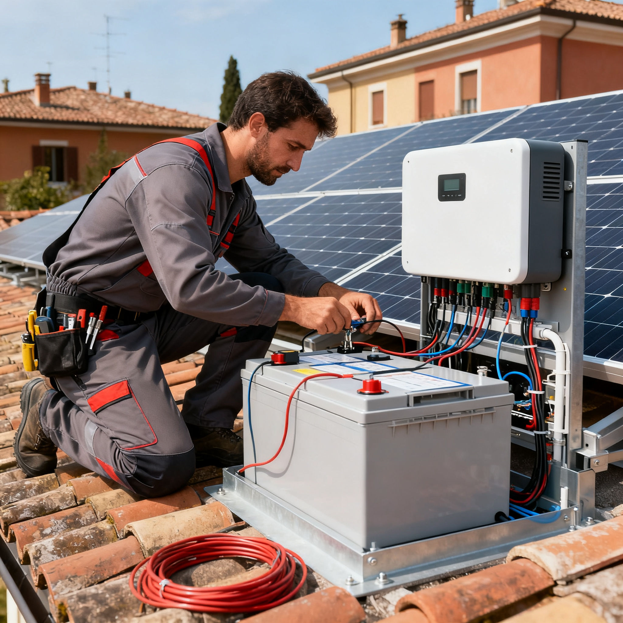 Fotovoltaico con Accumulo Montagnola Roma - Tecnico collega pannelli e sistema accumulo