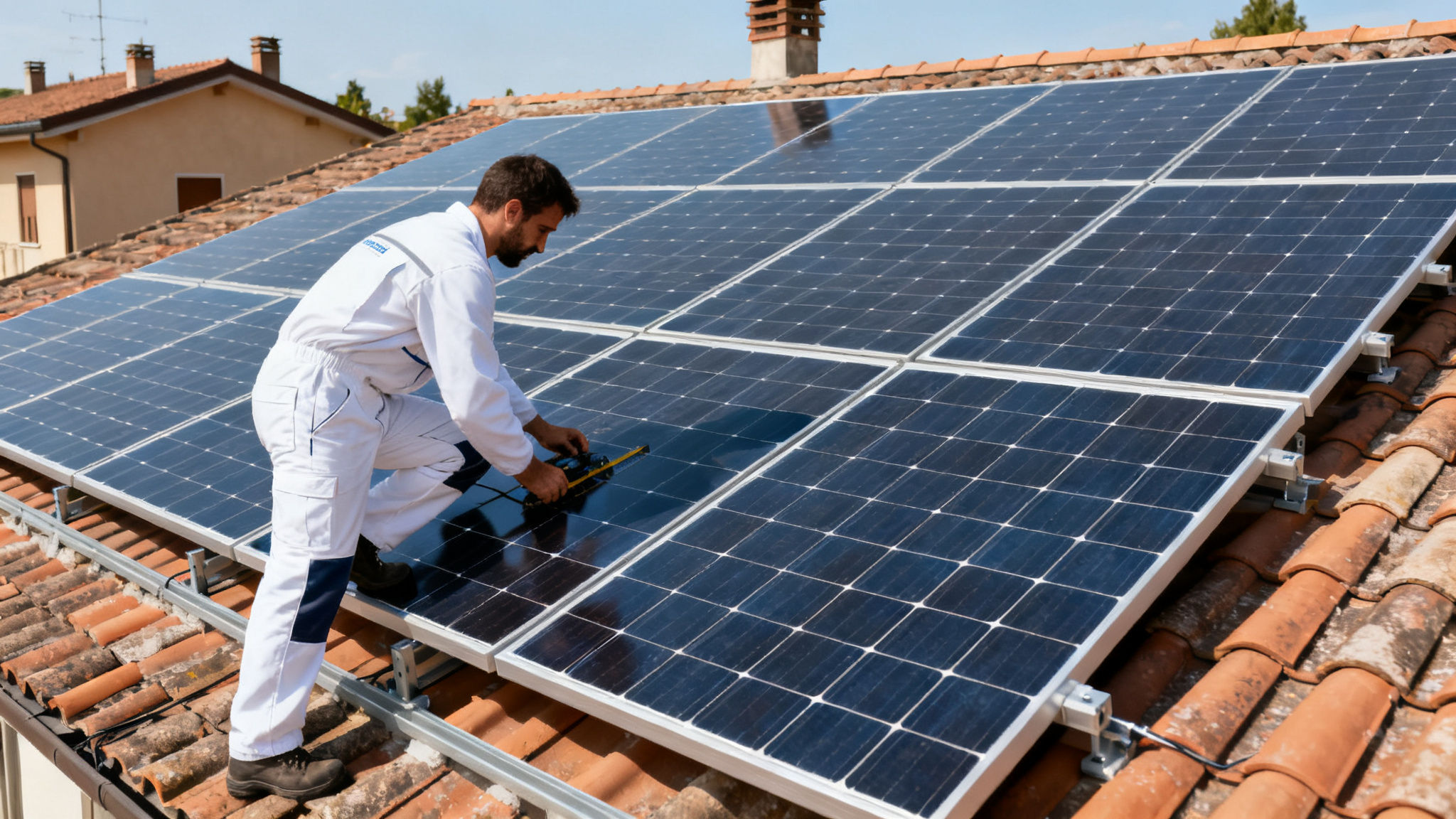 Fotovoltaico con Accumulo Monte Mario Roma - Tecnico installa pannelli su tetto residenziale