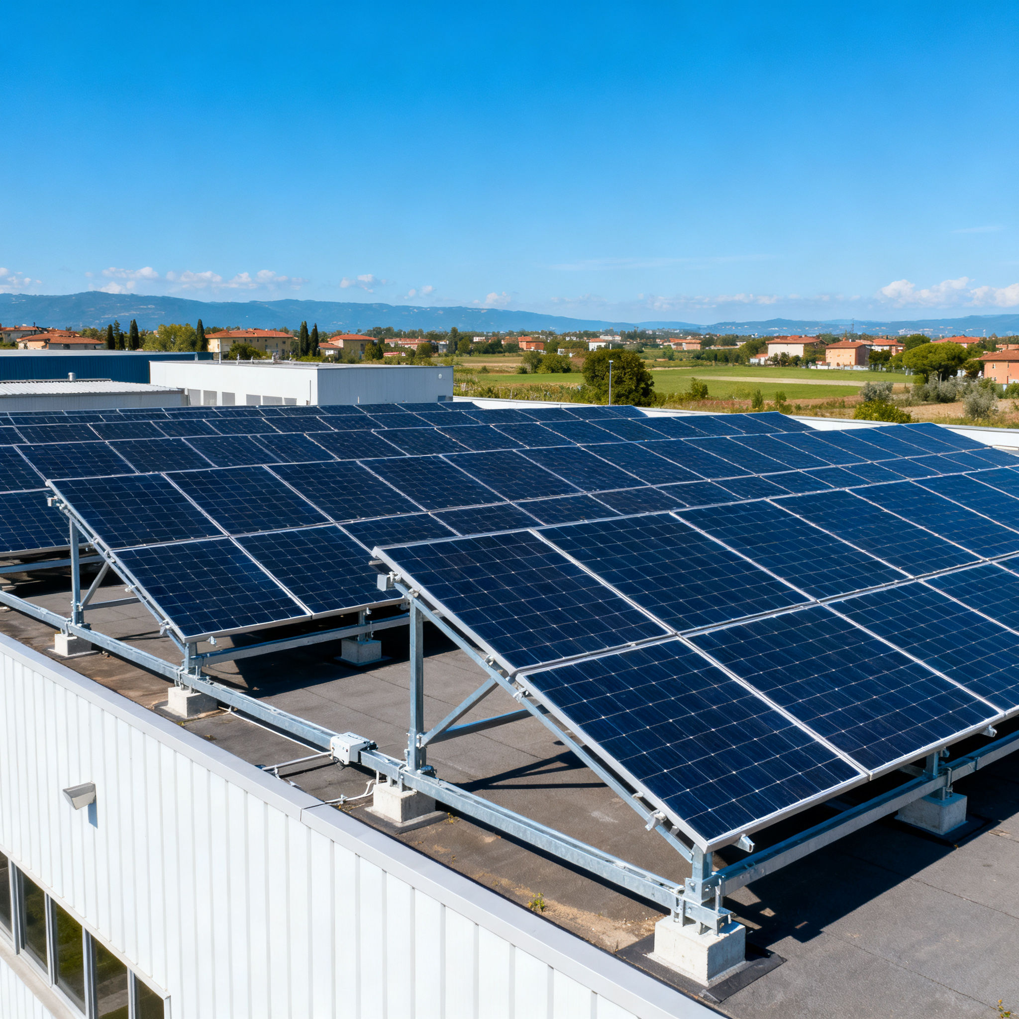 Fotovoltaico con Accumulo Monte Mario Roma - Array di pannelli su edificio commerciale