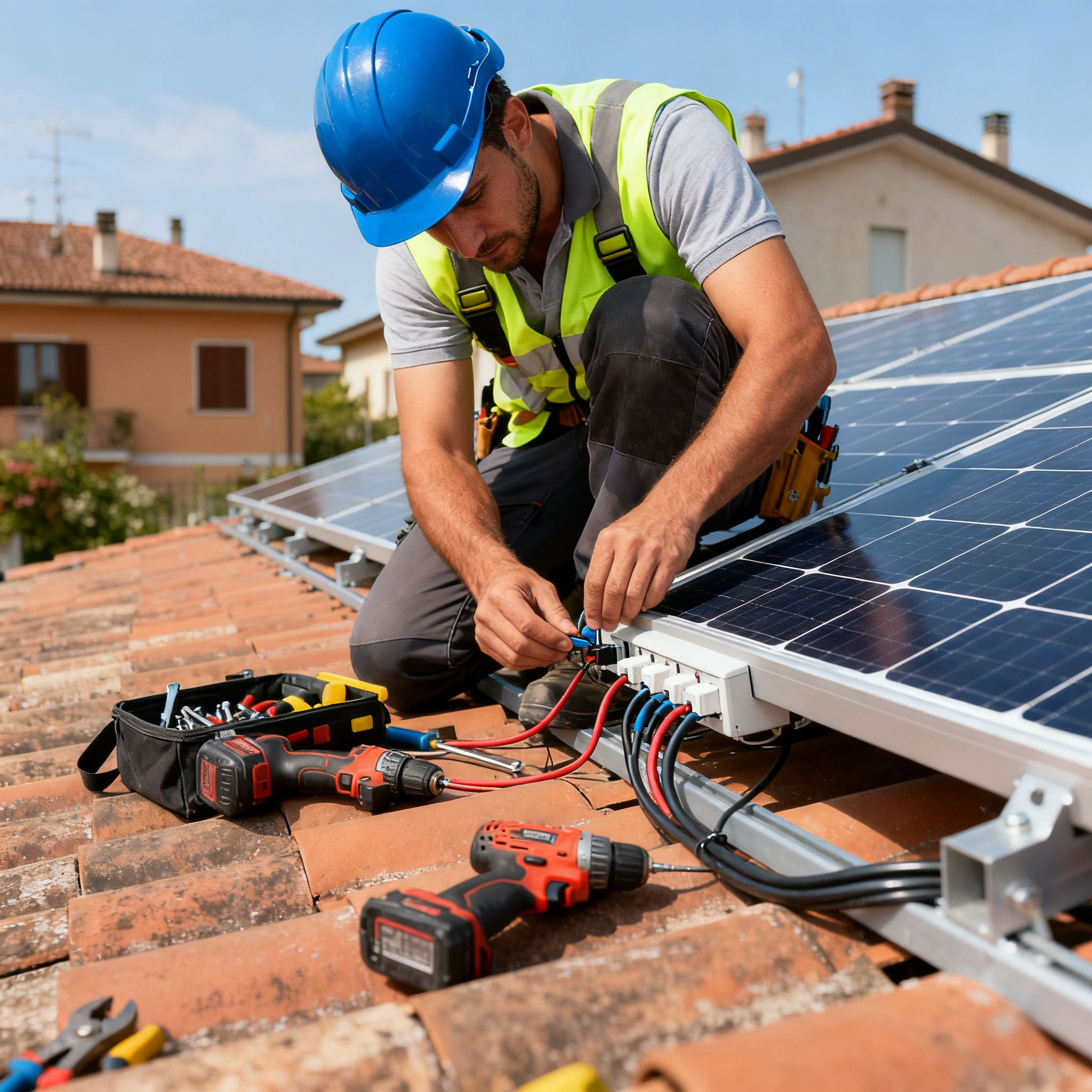 Fotovoltaico con Accumulo Monte Mario Roma - Tecnico collega cavi dei pannelli sul tetto