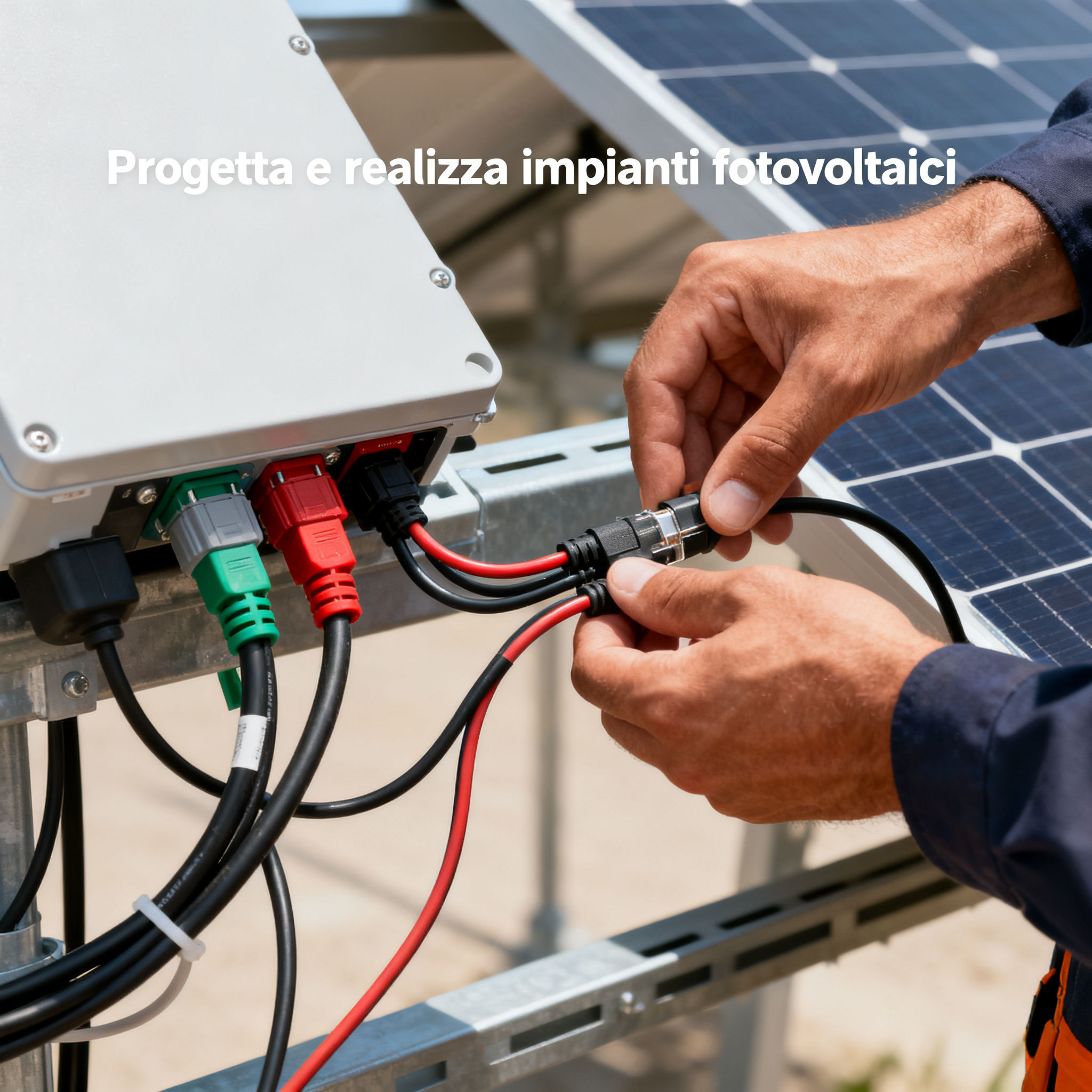 Fotovoltaico con Accumulo Monte Mario Roma - Dettaglio mano tecnico collega cavi fotovoltaico