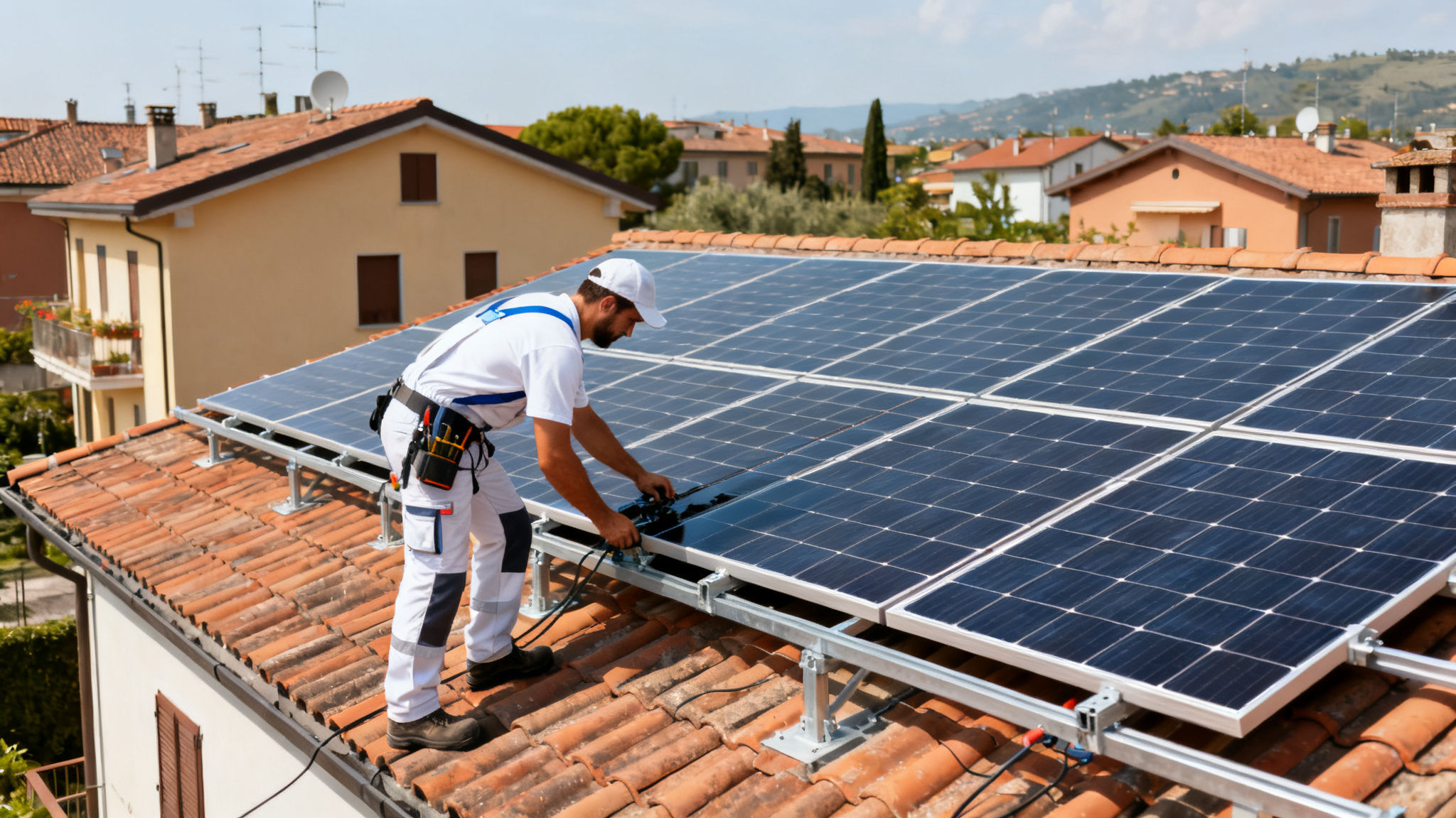 Fotovoltaico con Accumulo Monteverde Vecchio Roma - Technician installing solar panels on Italian rooftop under natural daylight