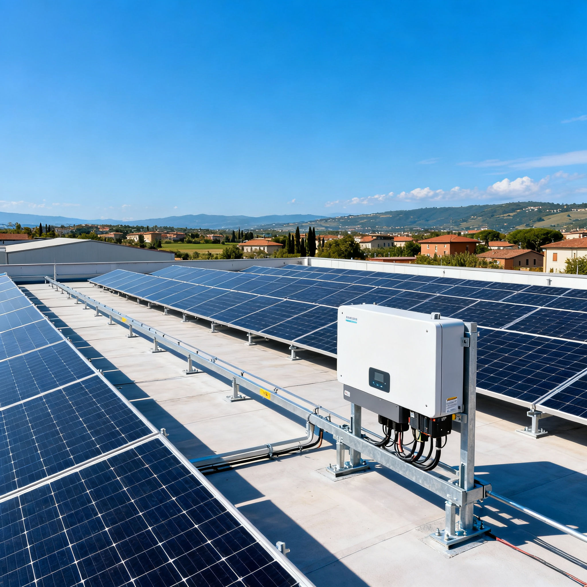 Fotovoltaico con Accumulo Monteverde Vecchio Roma - Turnkey PV system on commercial rooftop under clear sky