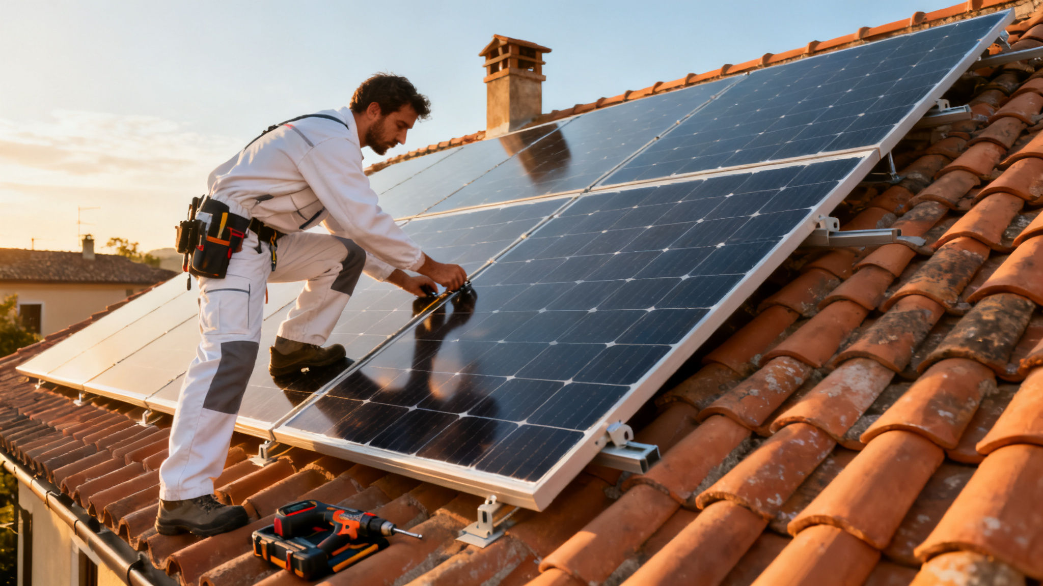 Fotovoltaico con Accumulo Ottavia Roma - tecnico installa pannelli su tetto residenziale
