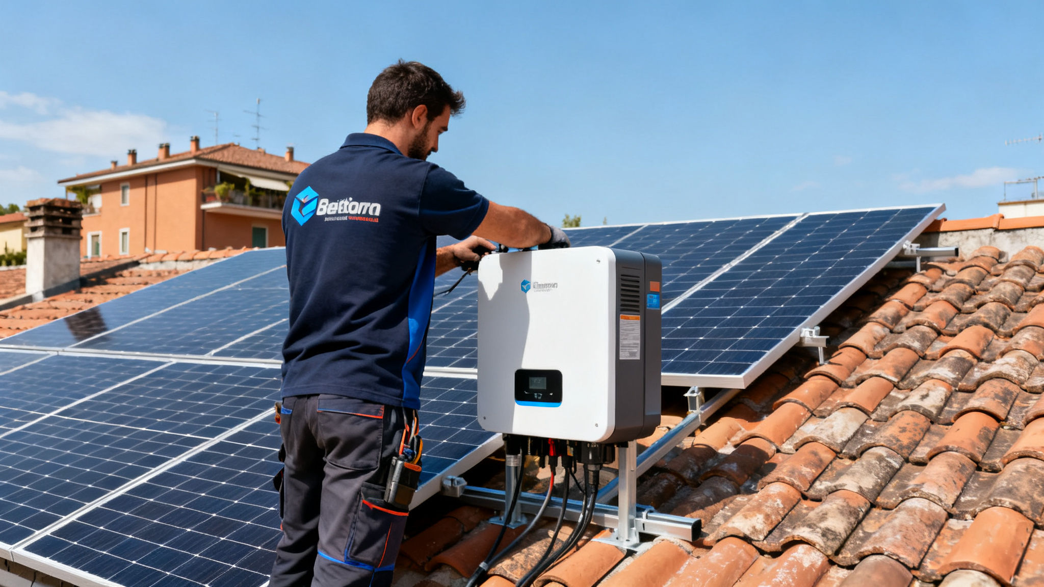 Fotovoltaico con Accumulo Pietralata Roma - impianto su tetto con tecnico e batteria