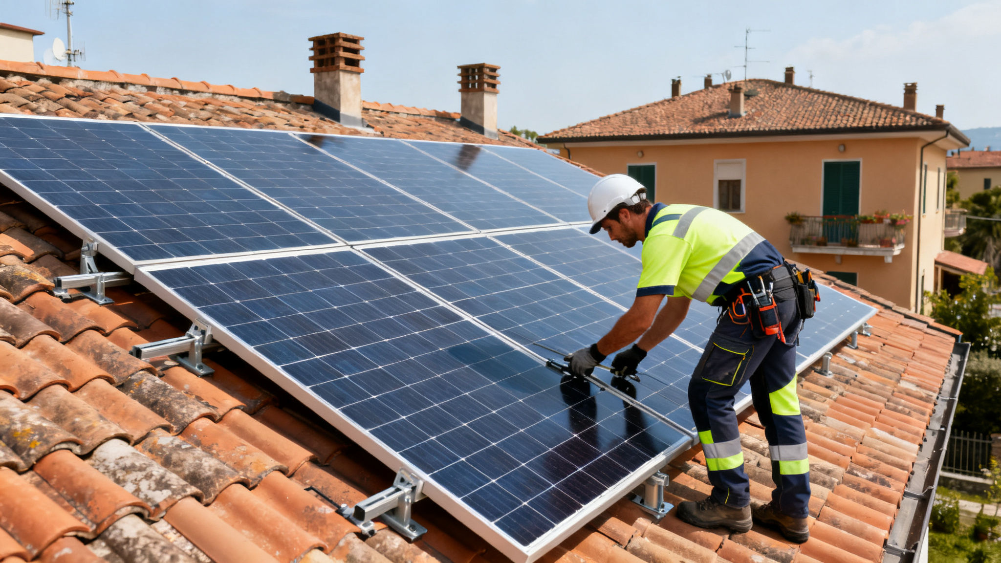 Fotovoltaico con Accumulo Torre Angela Roma - technician installs solar panels on residential rooftop with battery storage.