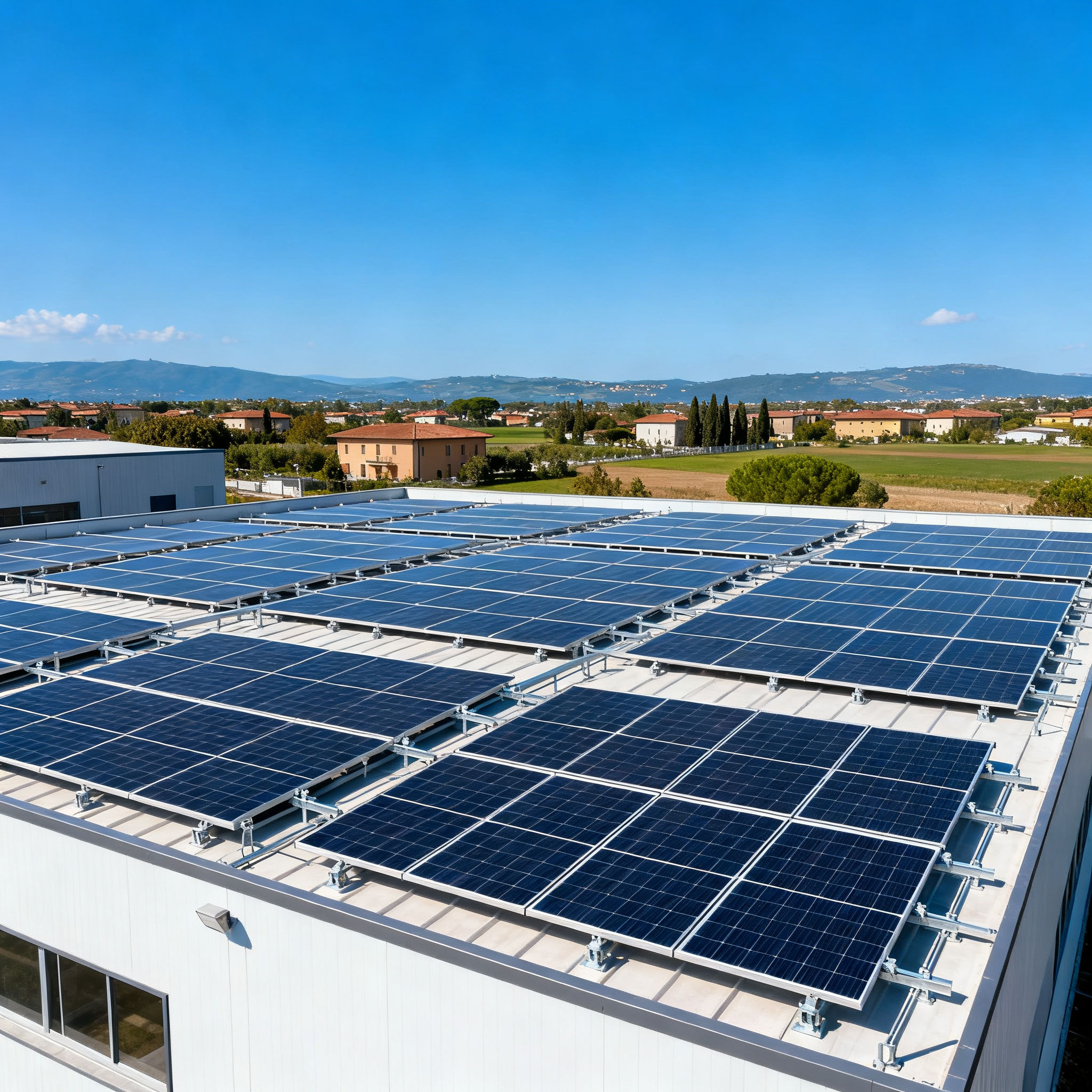 Fotovoltaico con Accumulo Torre Angela Roma - large commercial rooftop solar array with battery storage under clear sky.