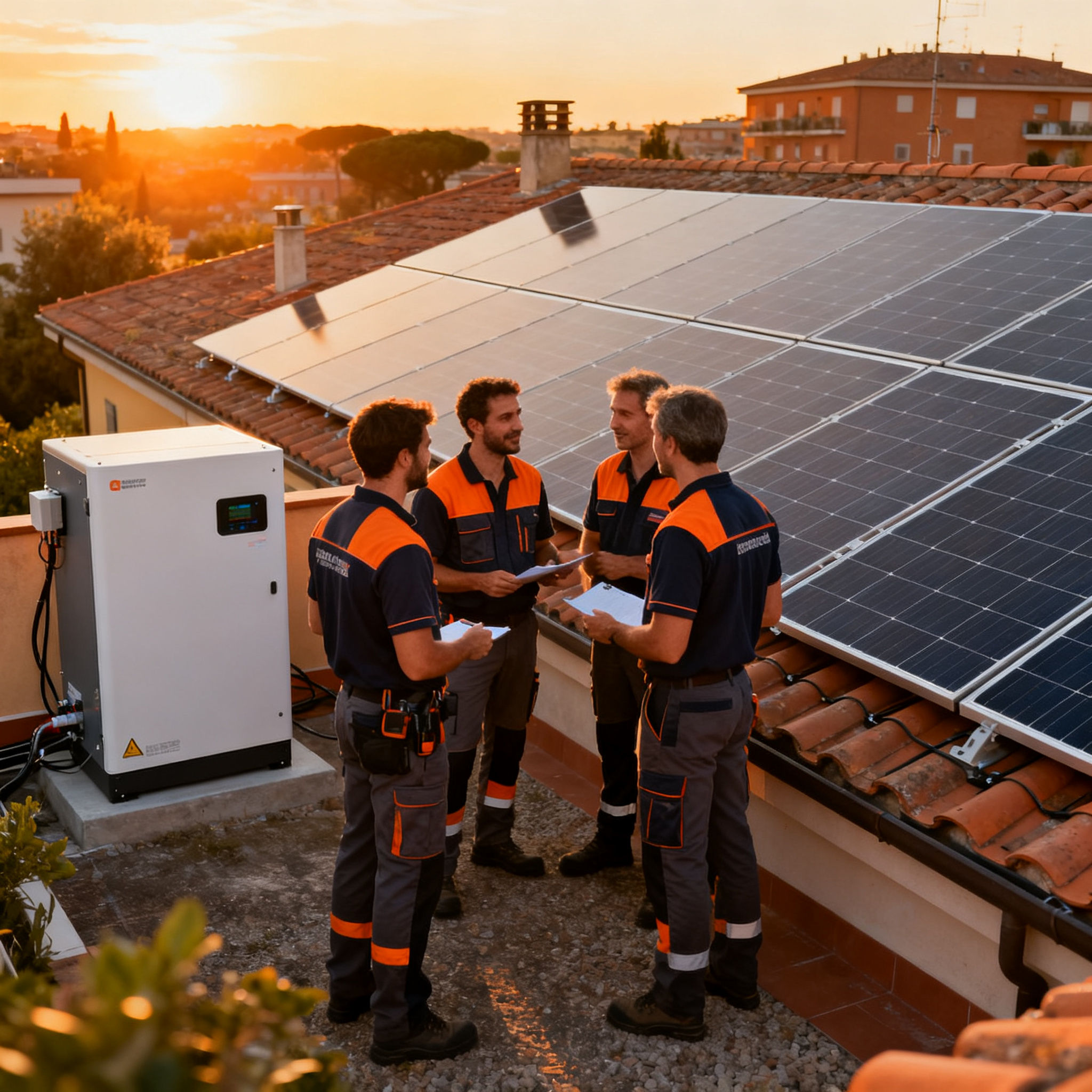 Fotovoltaico con Accumulo Torre Angela Roma - technicians inspecting solar panels and battery storage at golden hour.