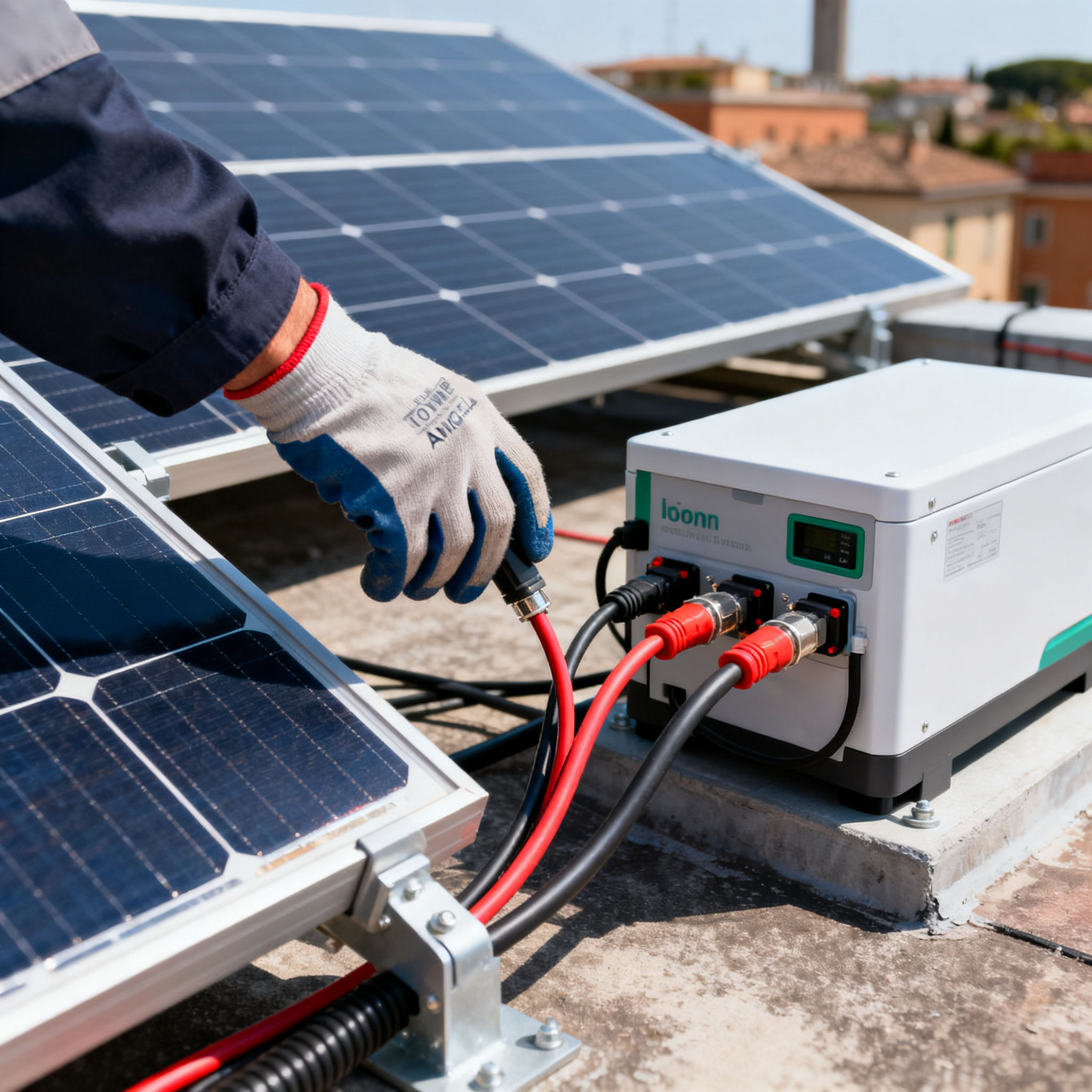 Fotovoltaico con Accumulo Torre Angela Roma - detailed hand connecting solar panel to battery storage.