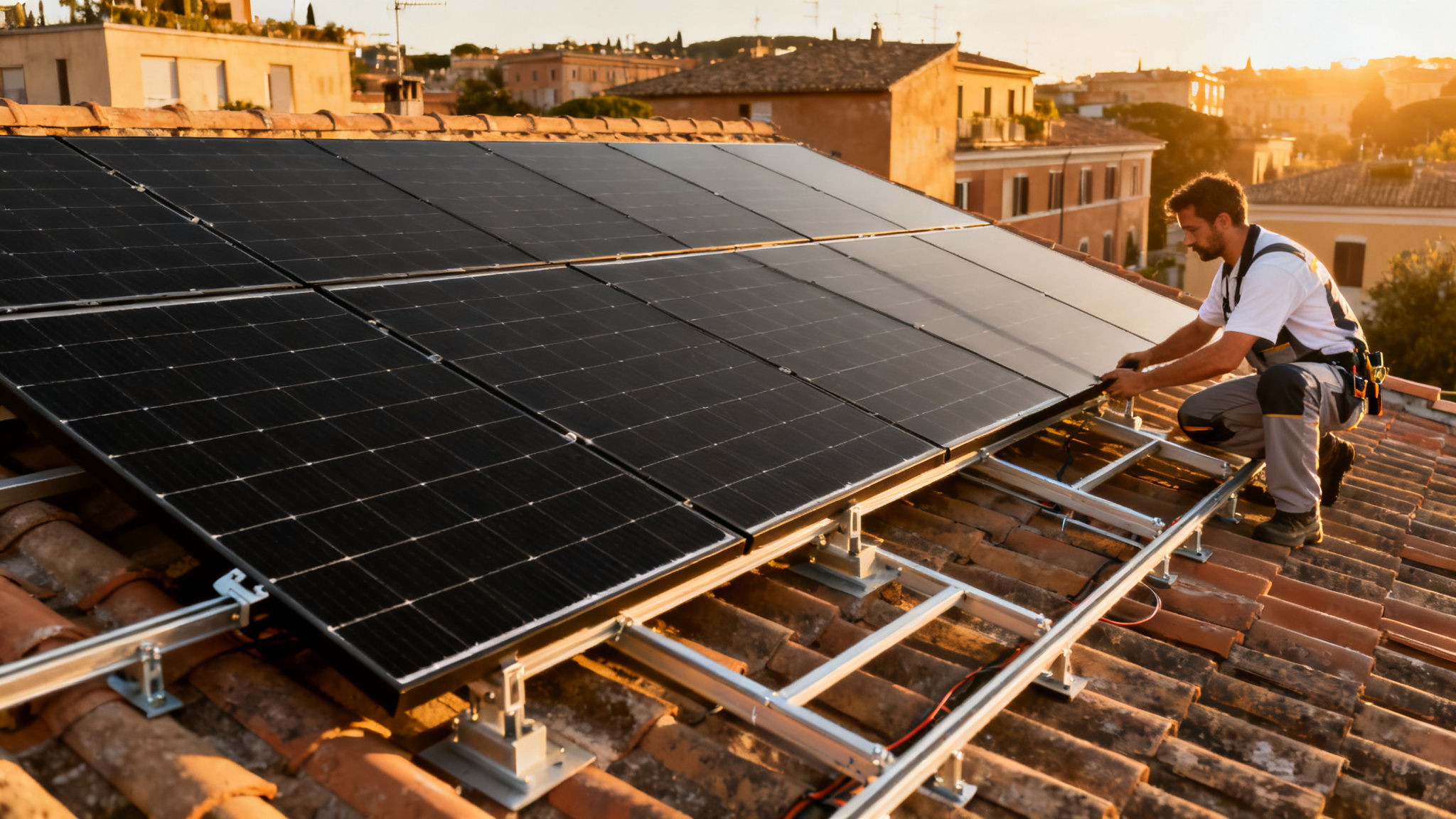 Miglior Impianto Fotovoltaico Colle Mattia Roma - technician installing solar panels on Italian rooftop