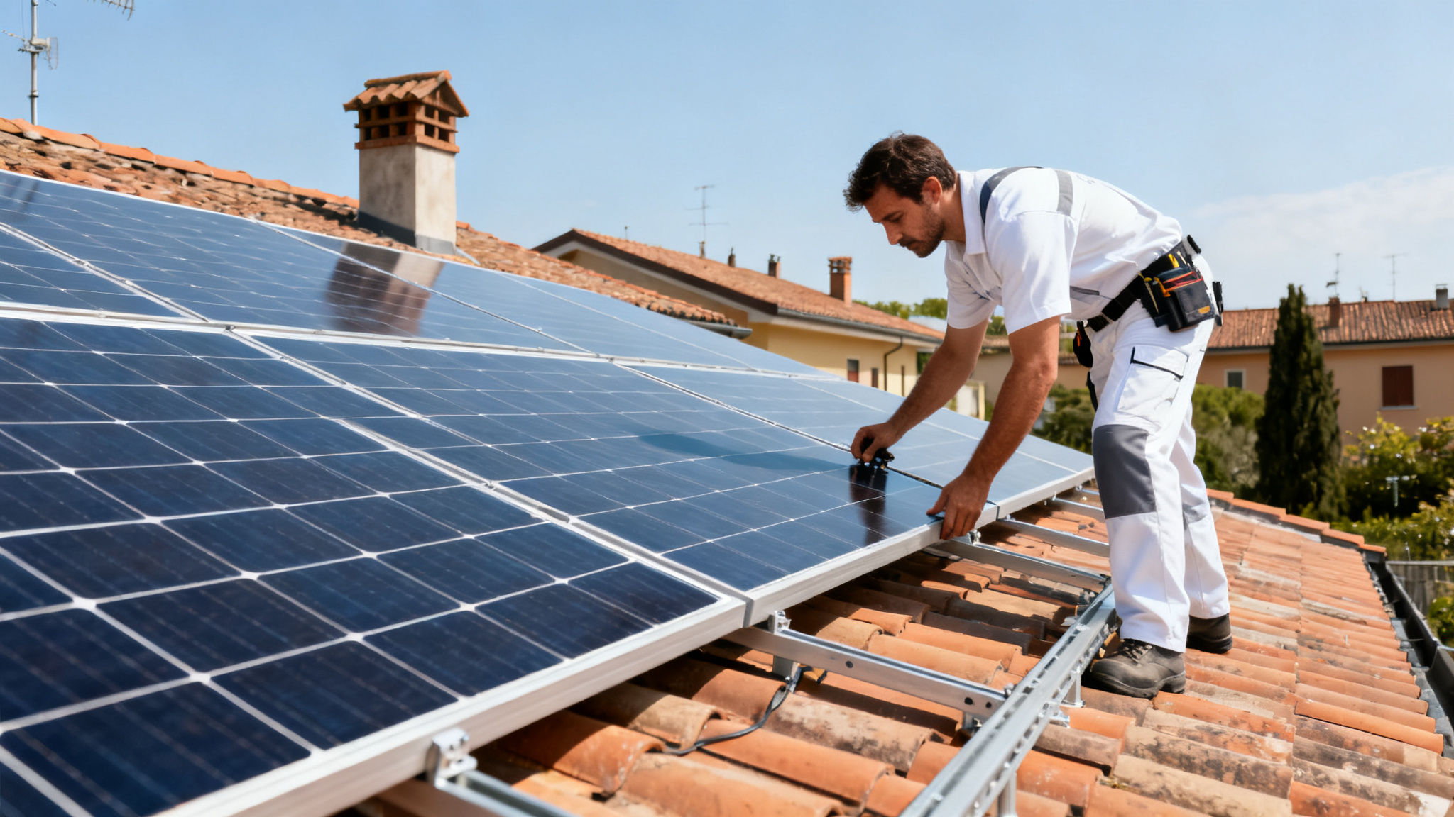 Miglior Impianto Fotovoltaico Comitato Falcognana Roma - Tecnico professionista installa pannelli fotovoltaici su tetto residenziale italiano