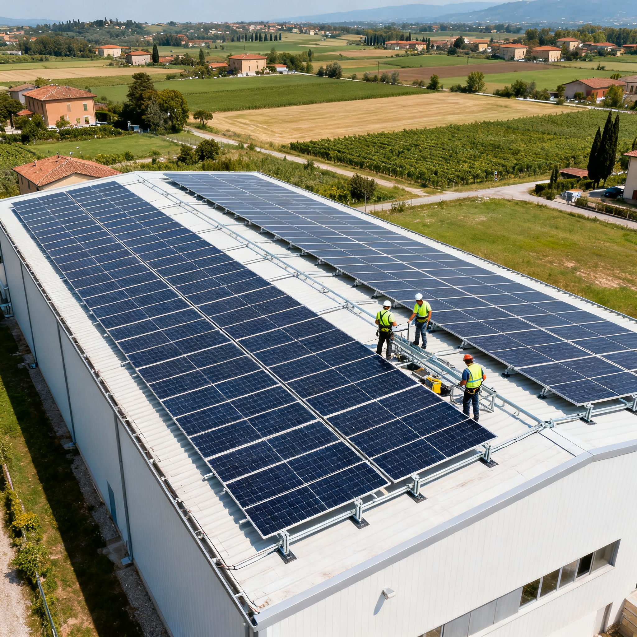 Miglior Impianto Fotovoltaico Isola Farnese Roma - impianto su edificio commerciale con vista aerea