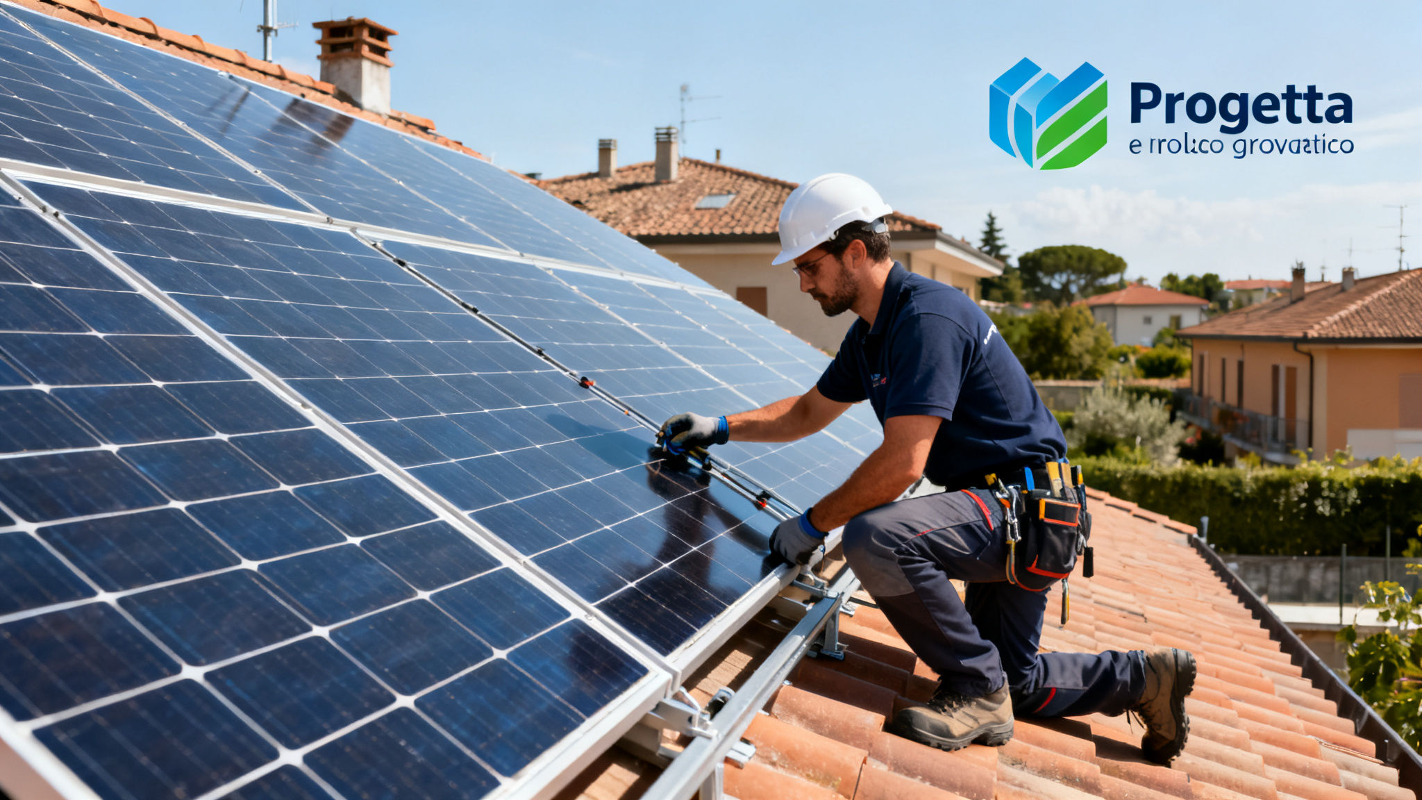 Miglior Impianto Fotovoltaico Ostia Antica Roma - technician installing solar panels on Italian rooftop
