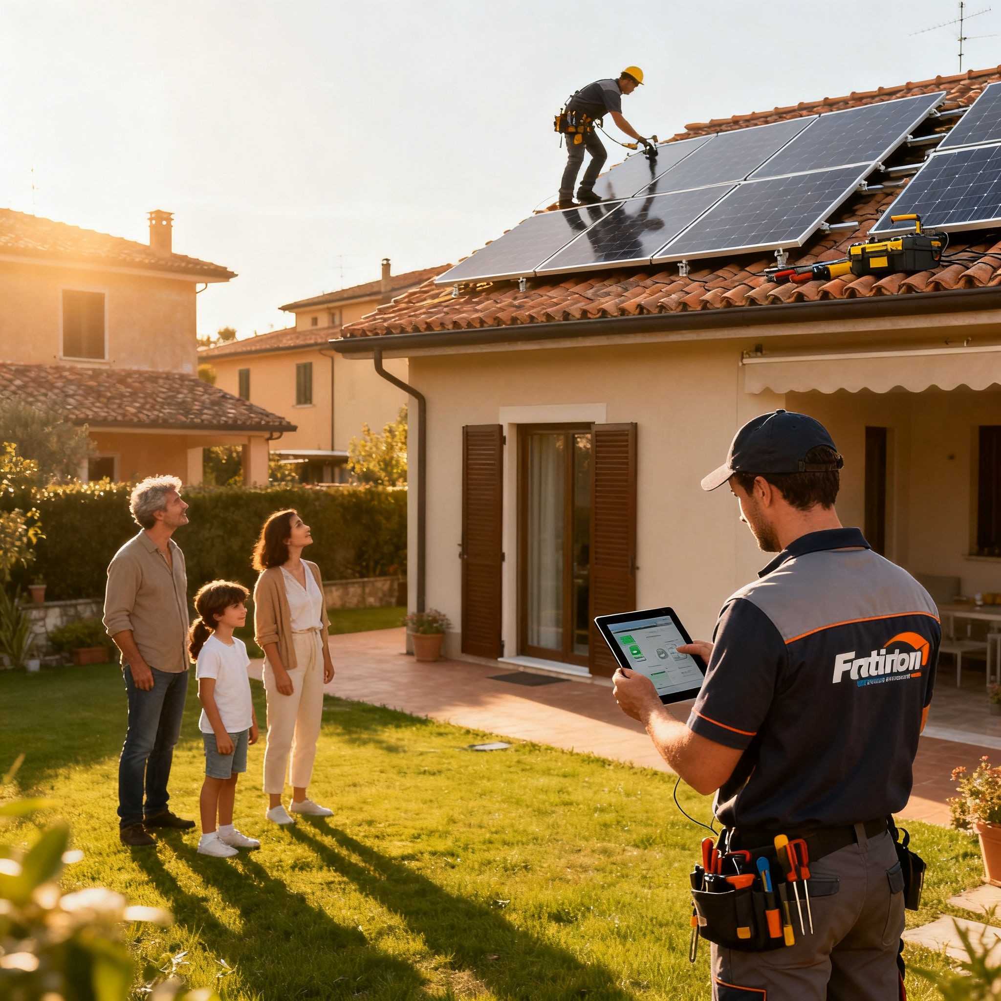 Miglior Impianto Fotovoltaico Pineto Roma - installazione in corso con famiglia che osserva