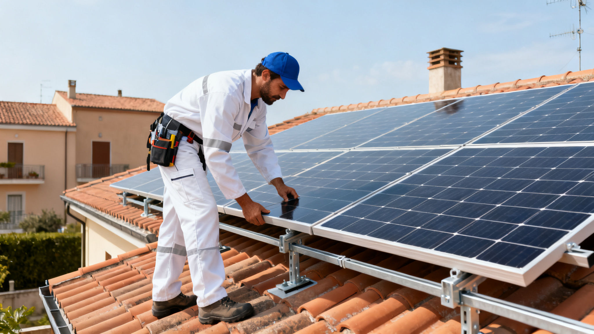 Miglior Impianto Fotovoltaico Pineto Roma - technician installing panels on rooftop
