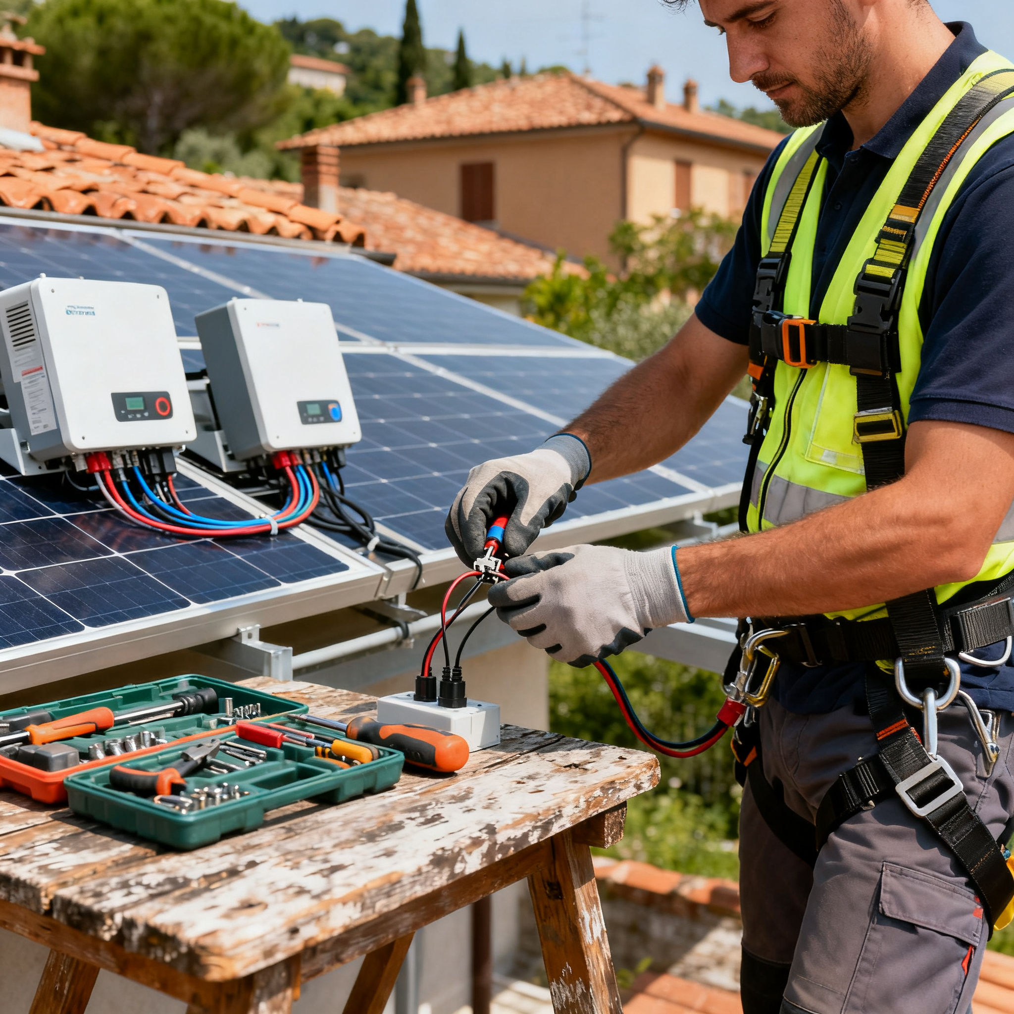Miglior Impianto Fotovoltaico Trigoria Alta Roma - tecnico al lavoro su collegamenti di pannelli solari in contesto residenziale