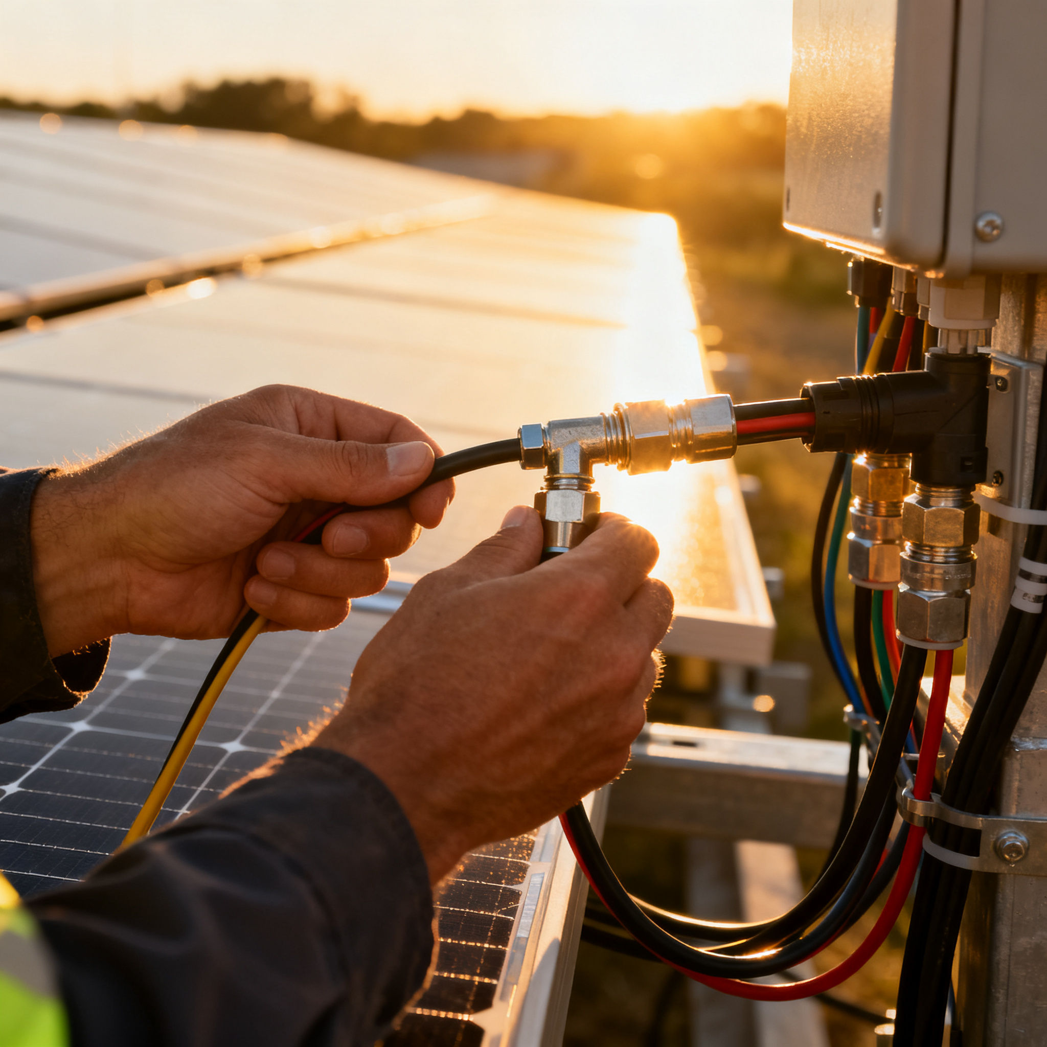 Miglior Impianto Fotovoltaico Trigoria Alta Roma - dettaglio delle mani del tecnico che collegano cavi dei pannelli fotovoltaici