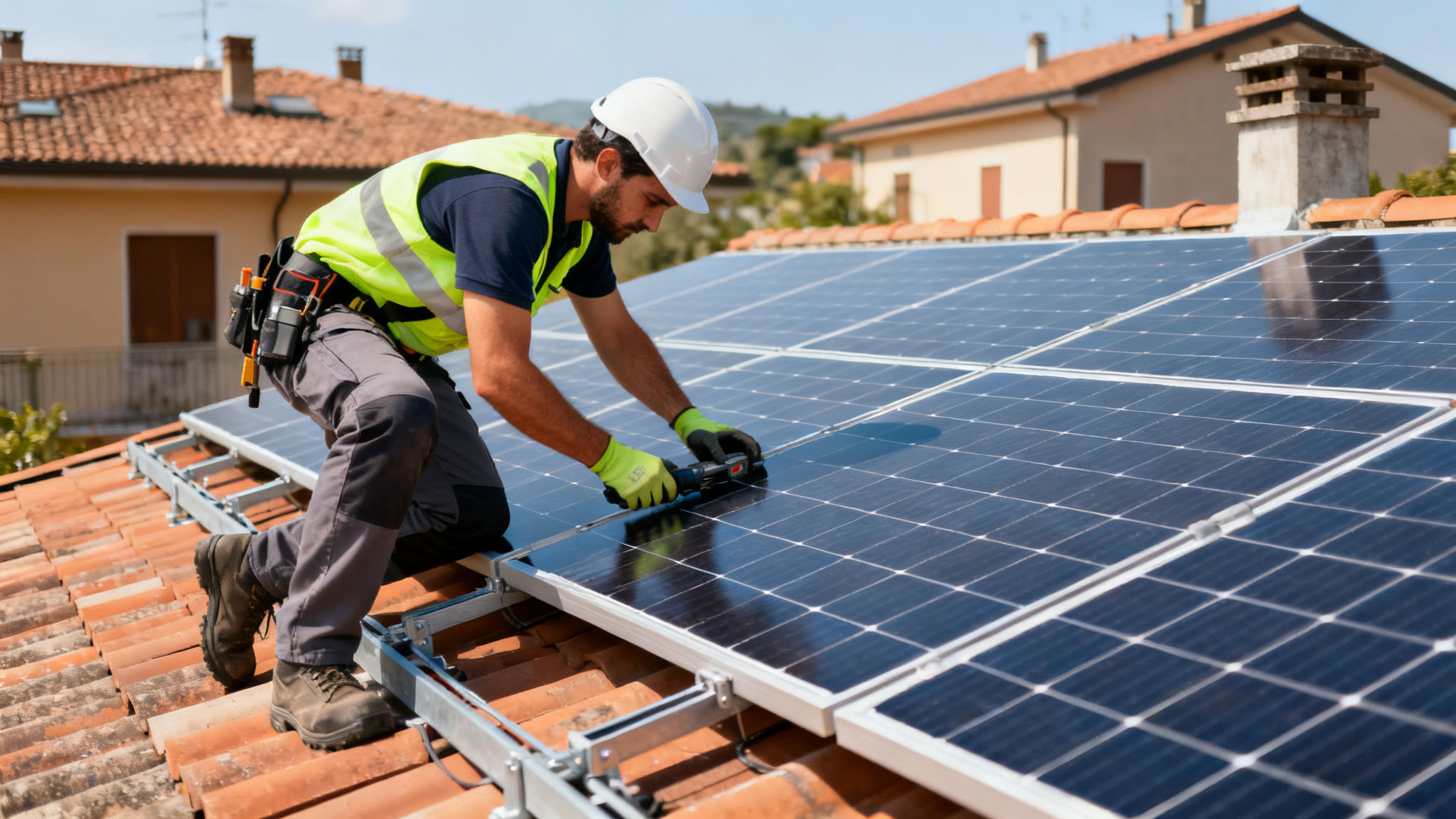Pannelli Solari Bellegra - Technician installing panels on Italian residential roof under daylight