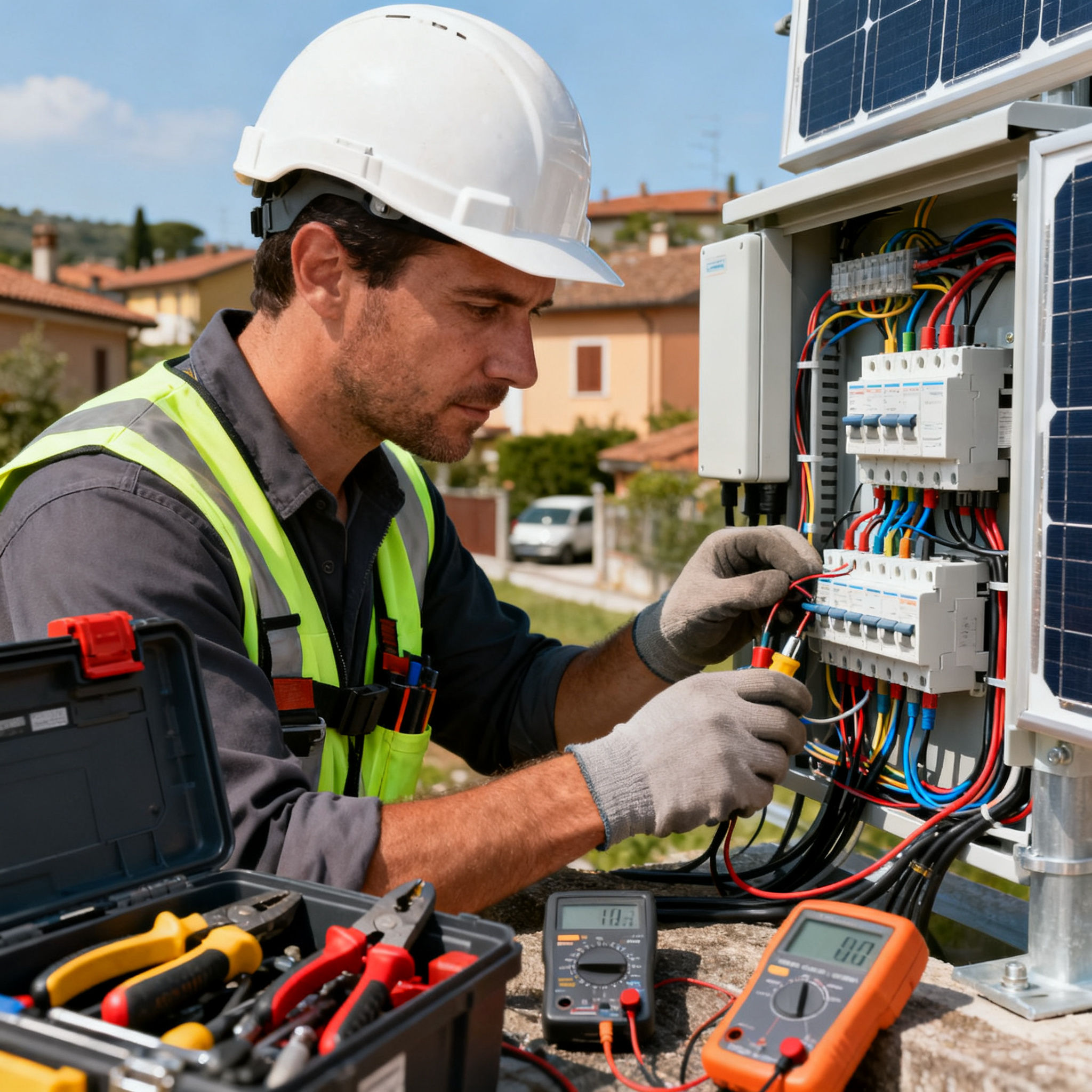 Pannelli Solari Laghetto Roma - tecnico collegando cavi dei pannelli fotovoltaici