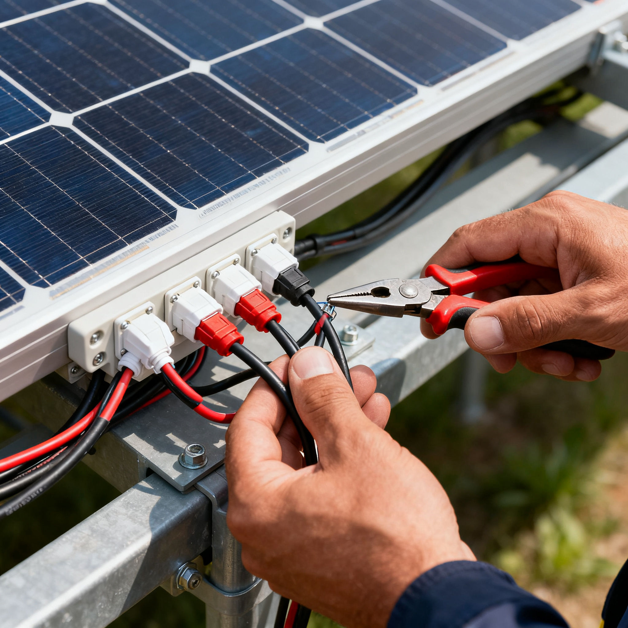 Pannelli Solari Laghetto Roma - dettaglio mani tecnico collegamento cavi fotovoltaico