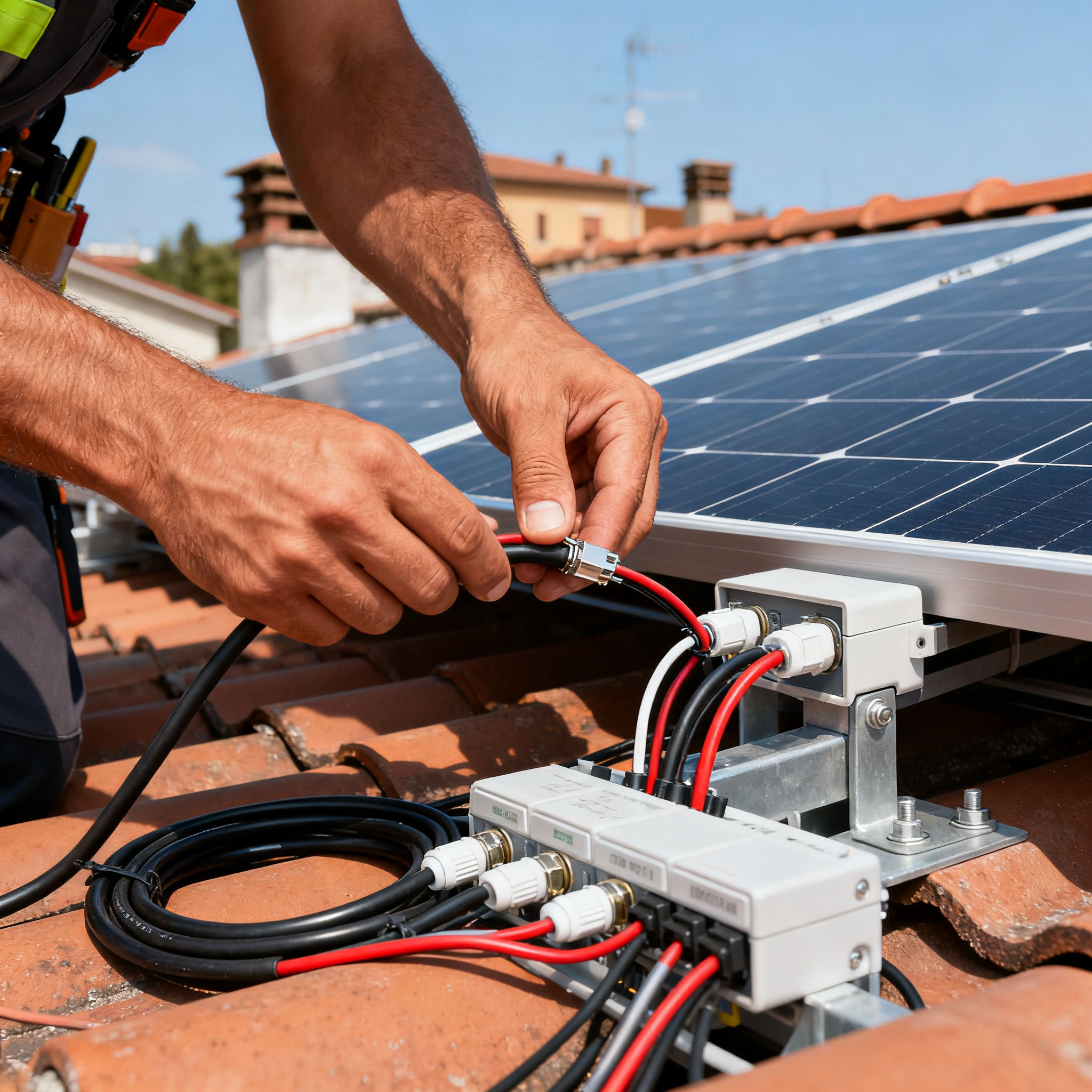 Pannelli Solari Rocca di Papa - Dettaglio collegamento cavi pannelli fotovoltaici