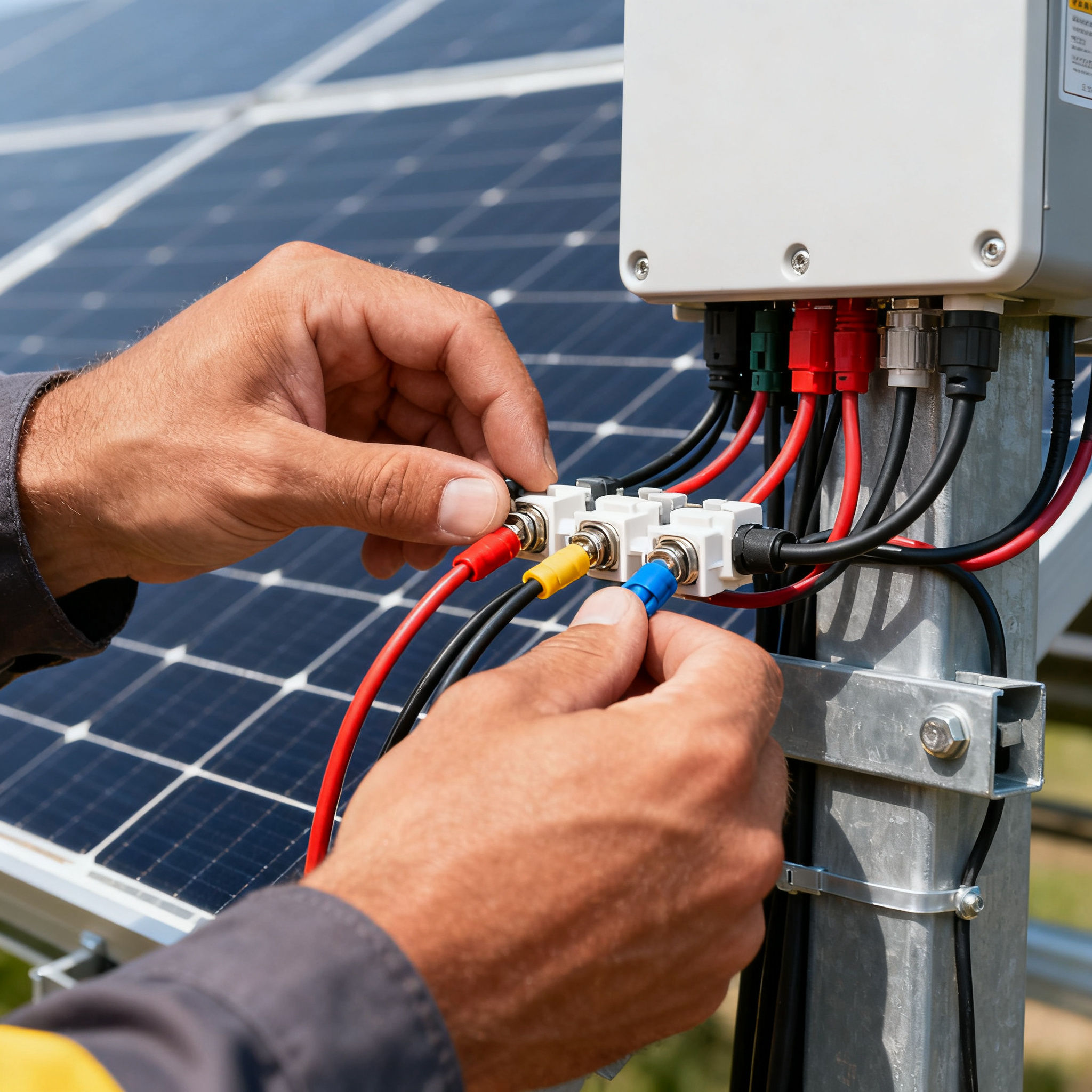 Pannelli solari Casalotti Roma - Dettaglio mani tecnico collega cavi pannelli fotovoltaici
