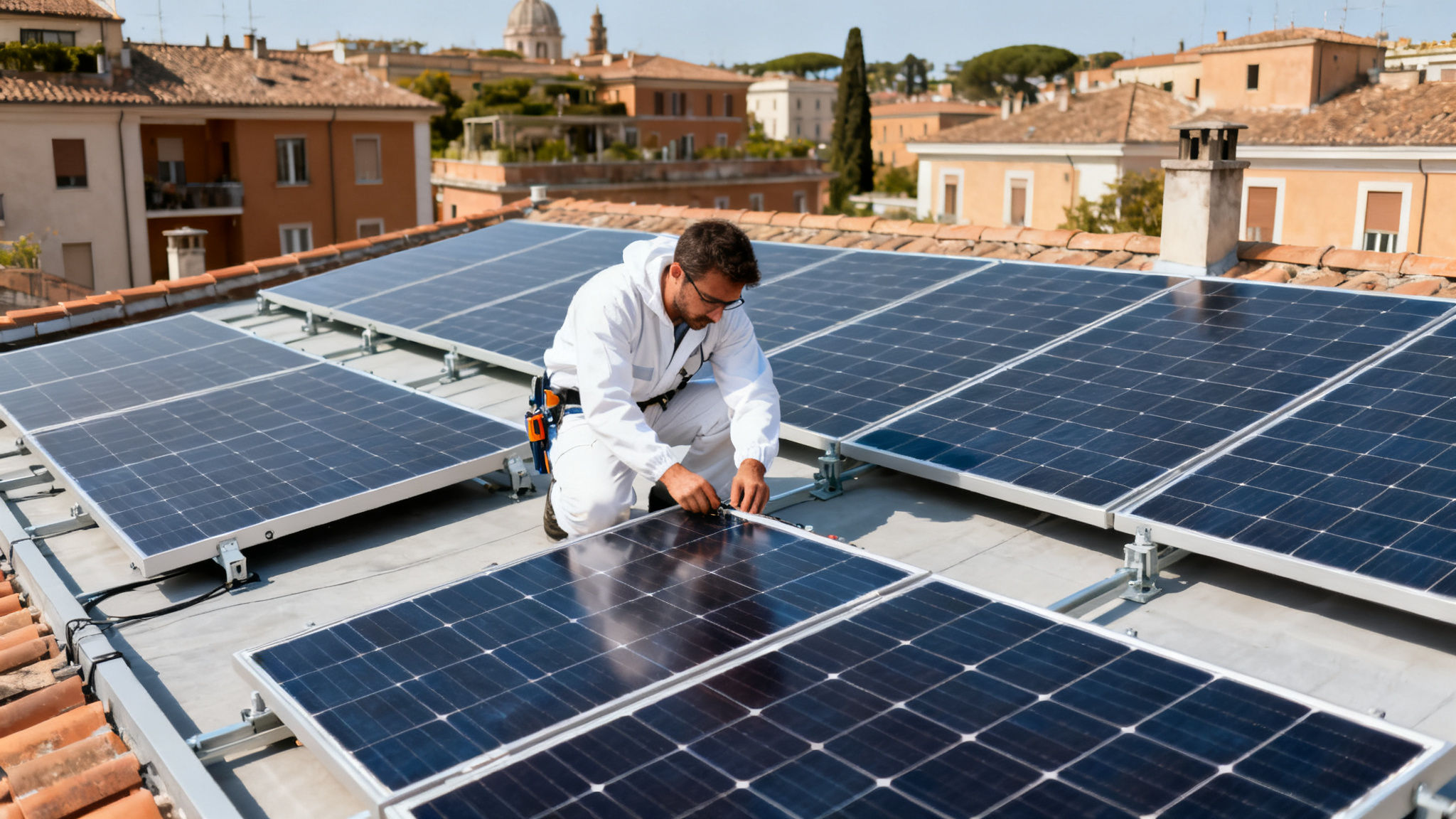 Pannelli solari Colle Portuensi Roma - technician installing panels on Rome rooftop