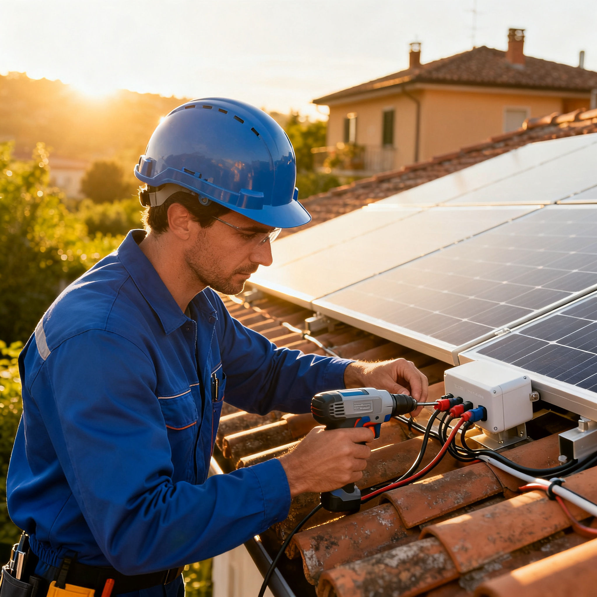 Pannelli solari Colle Portuensi Roma - technician connecting panels in Italian residential setting